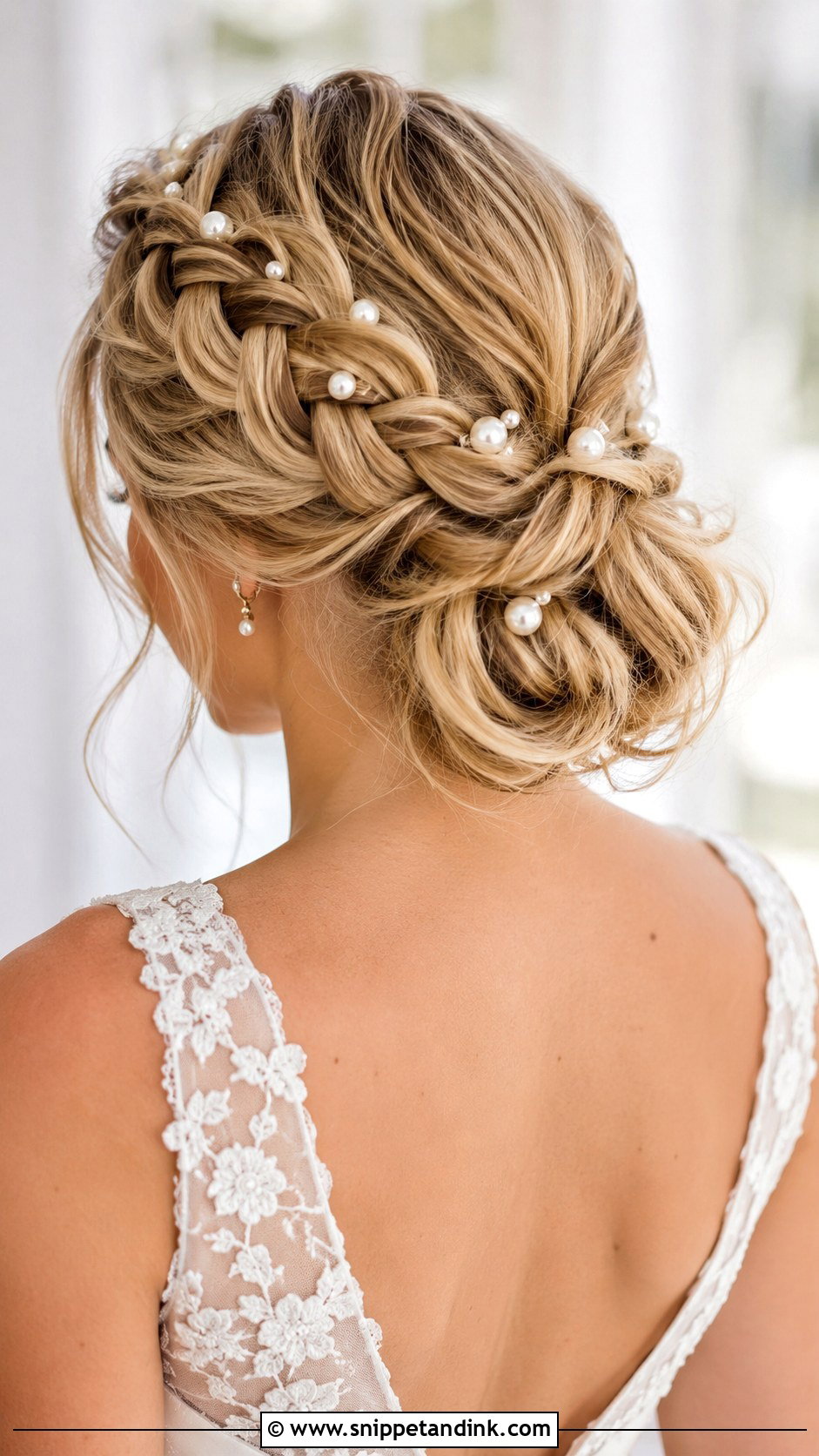 Braided Low Bun Wedding Hair With Pearls - Snippet and Ink - 15 Low Bun with Braid Wedding Hair Ideas