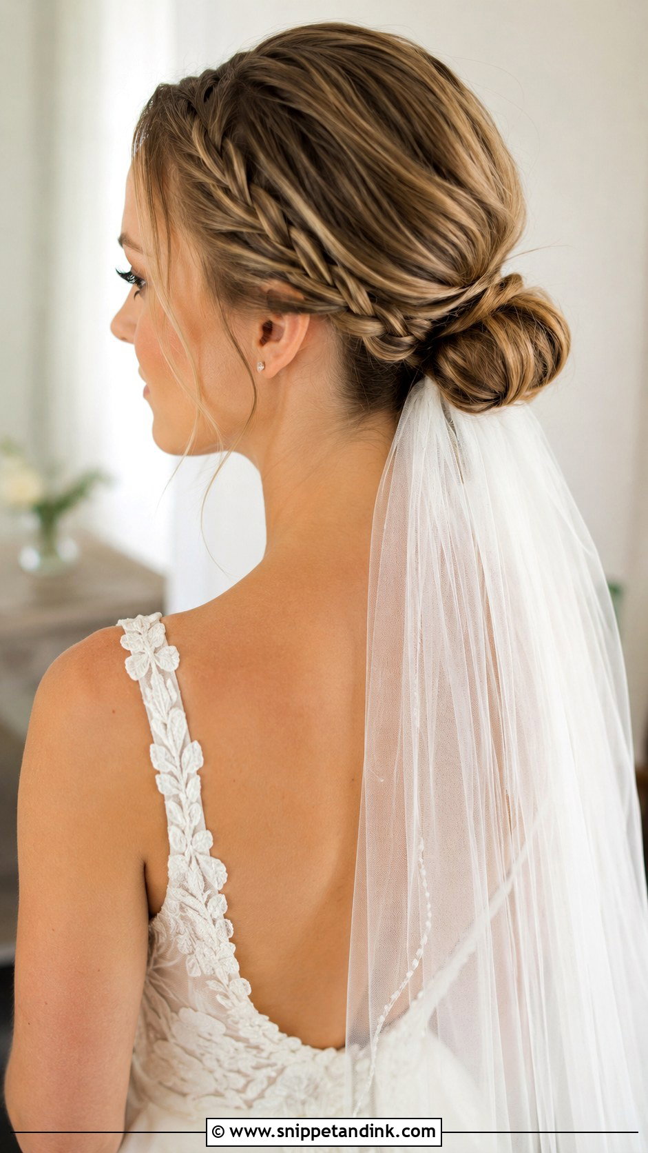 Braided Low Bun Wedding Hair With Veil - Snippet and Ink - 15 Low Bun with Braid Wedding Hair Ideas