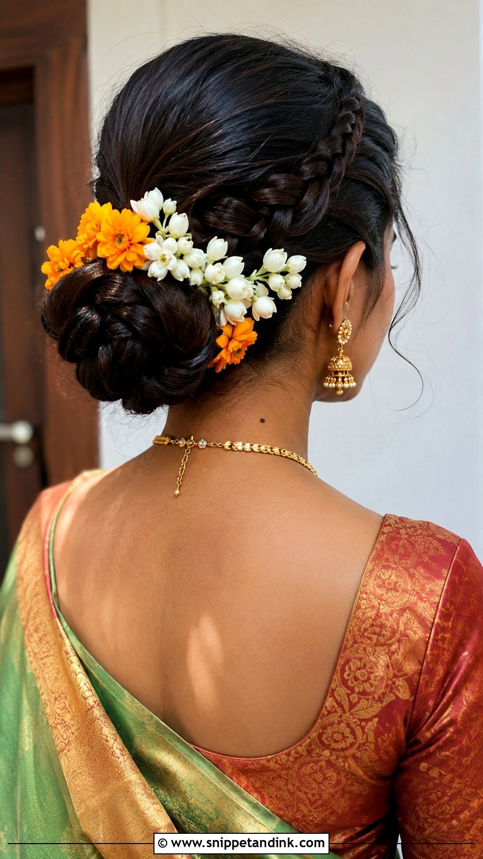 Braided Low Bun With Flowers - Snippet and Ink - 20 Hairstyles for Desi Weddings