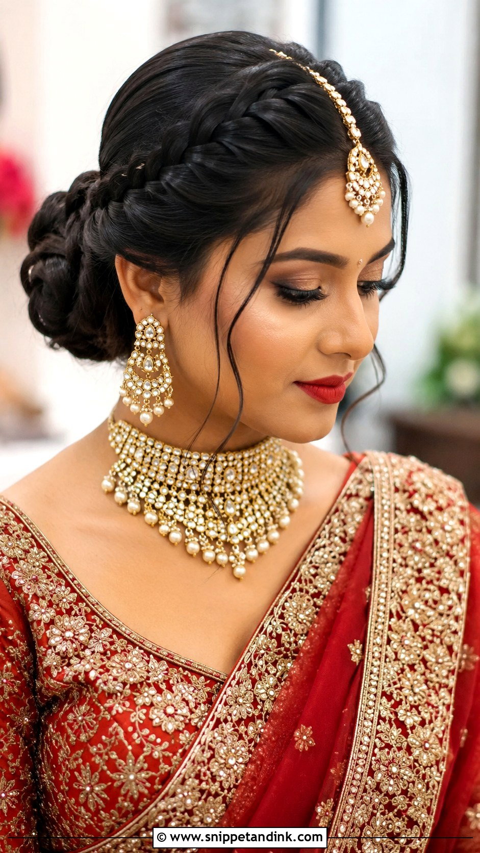 Braided Low Bun With Maang Tikka - Snippet and Ink - 30 Indian Bridal Dulhan Hairstyles