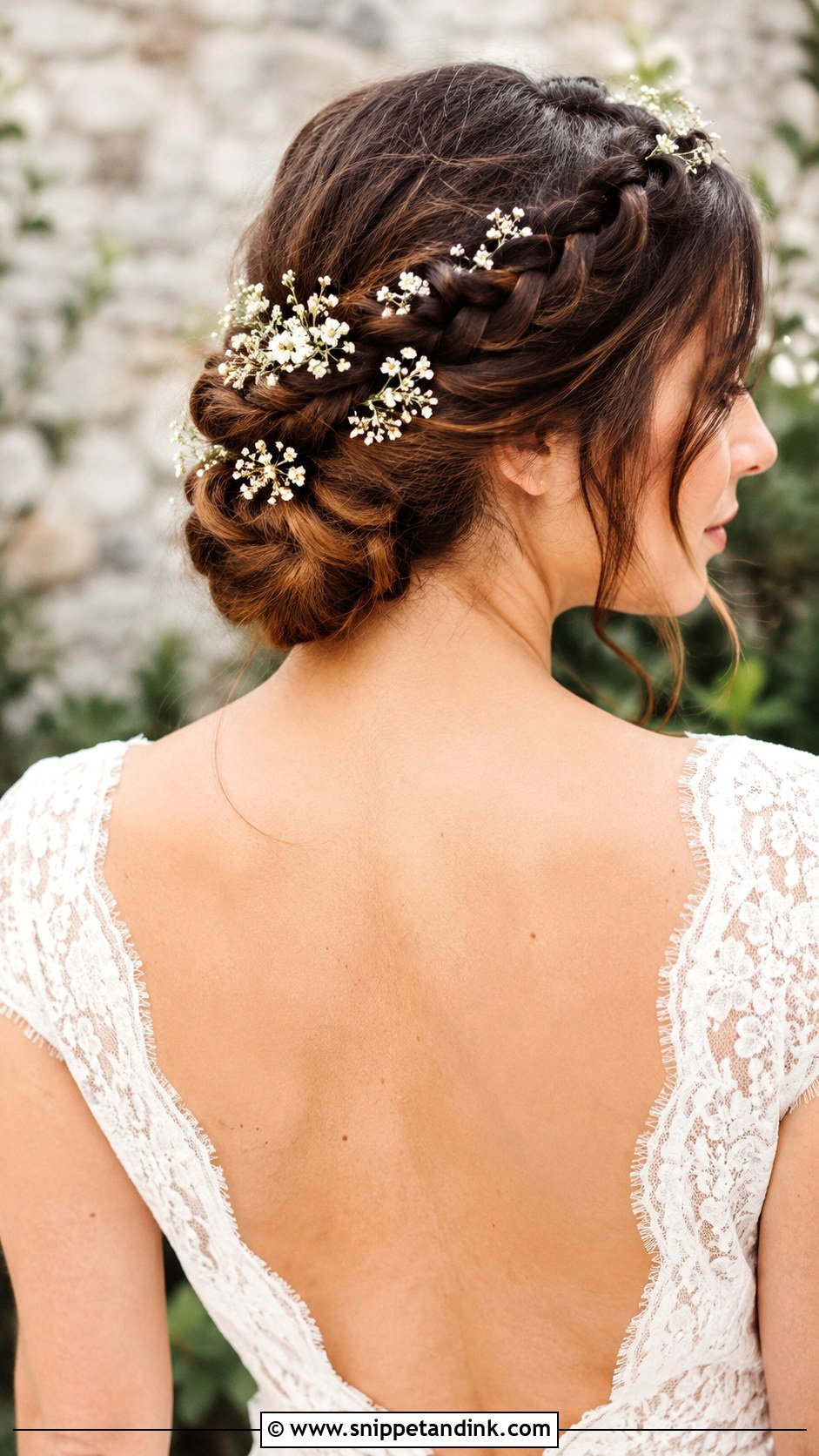 Braided Low Bun With Wax Flowers - Snippet and Ink - 20 Flower Bun Hairstyle Wedding Bride Ideas
