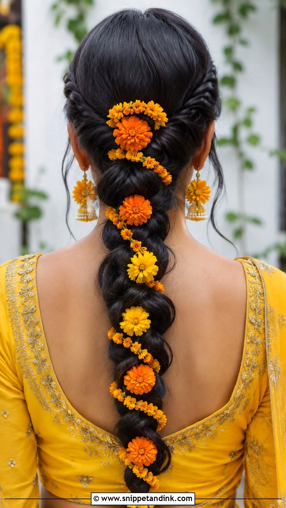 Braided Ponytail With Marigolds - Snippet and Ink - 25 Hairstyles for Haldi Ceremony