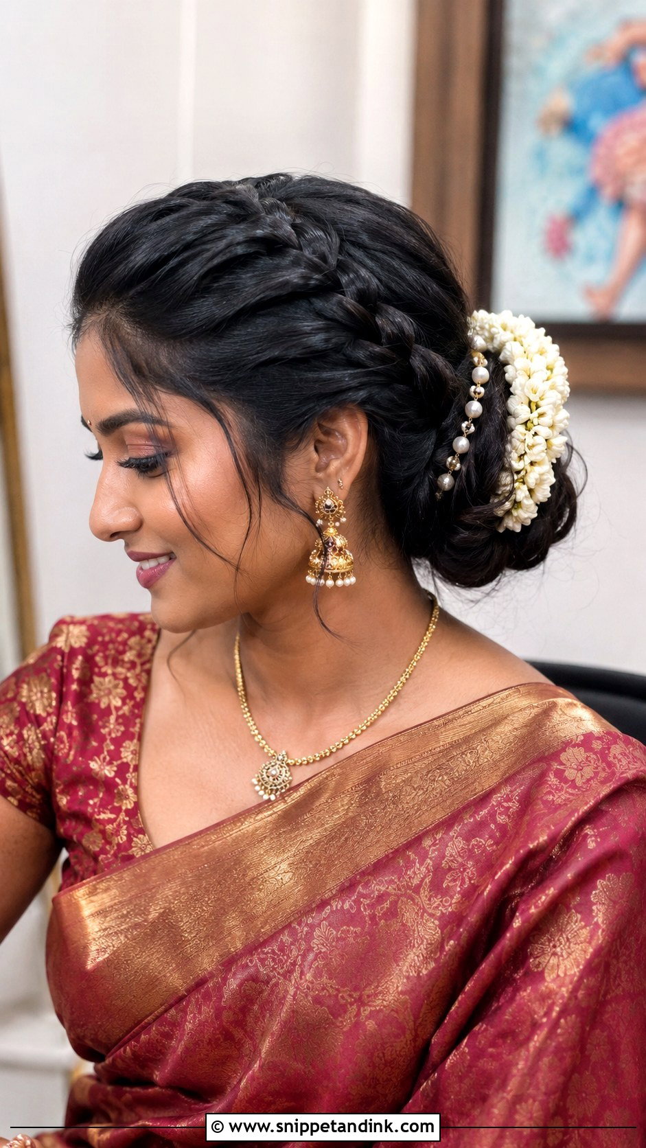 Braided Side Bun with Center Part - Snippet and Ink - 25 Short Hair Hairstyles for Wedding Indian