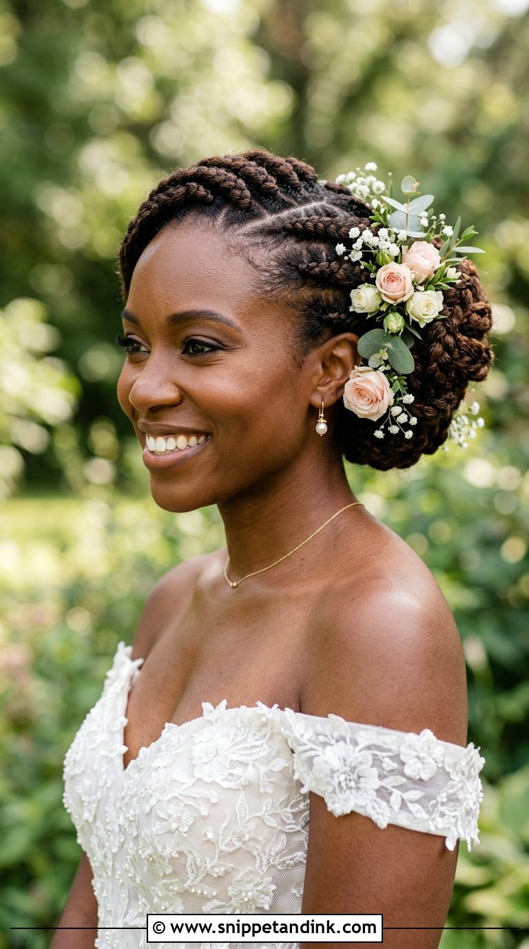 Braided Updo With Floral Accents - Snippet and Ink - 20 Braids for Wedding Hair Black Women