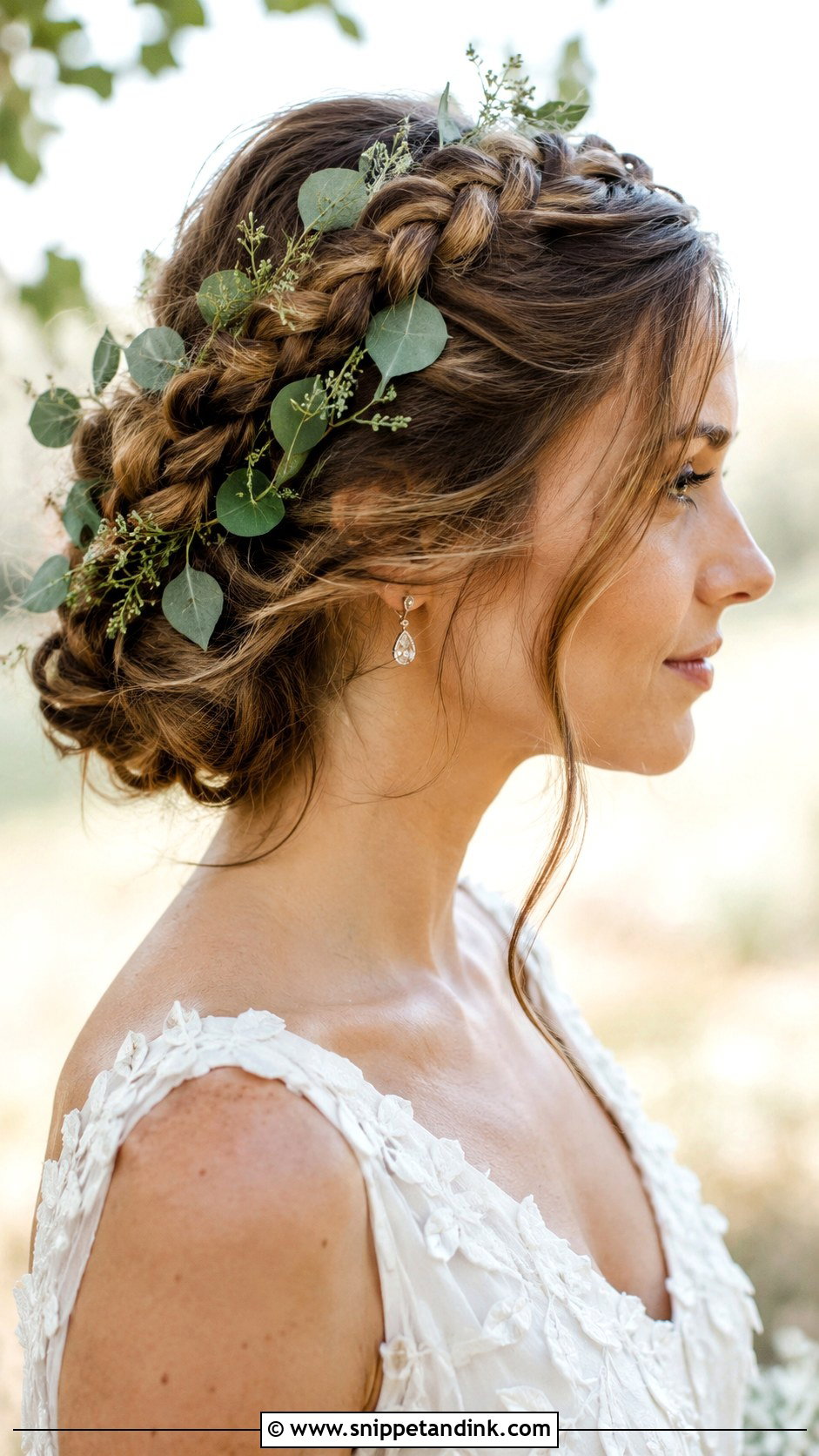 Braided Updo With Greenery - Snippet and Ink - 25 Wedding Hair Braid Ideas