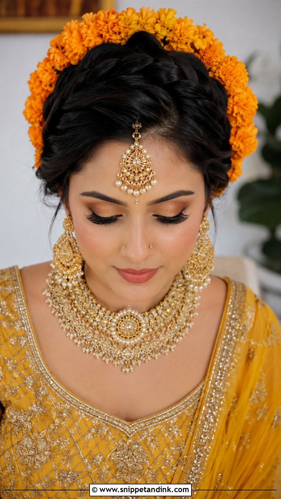 Braided Updo With Marigold Crown - Snippet and Ink - 20 Haldi Braid Hairstyles for Bride