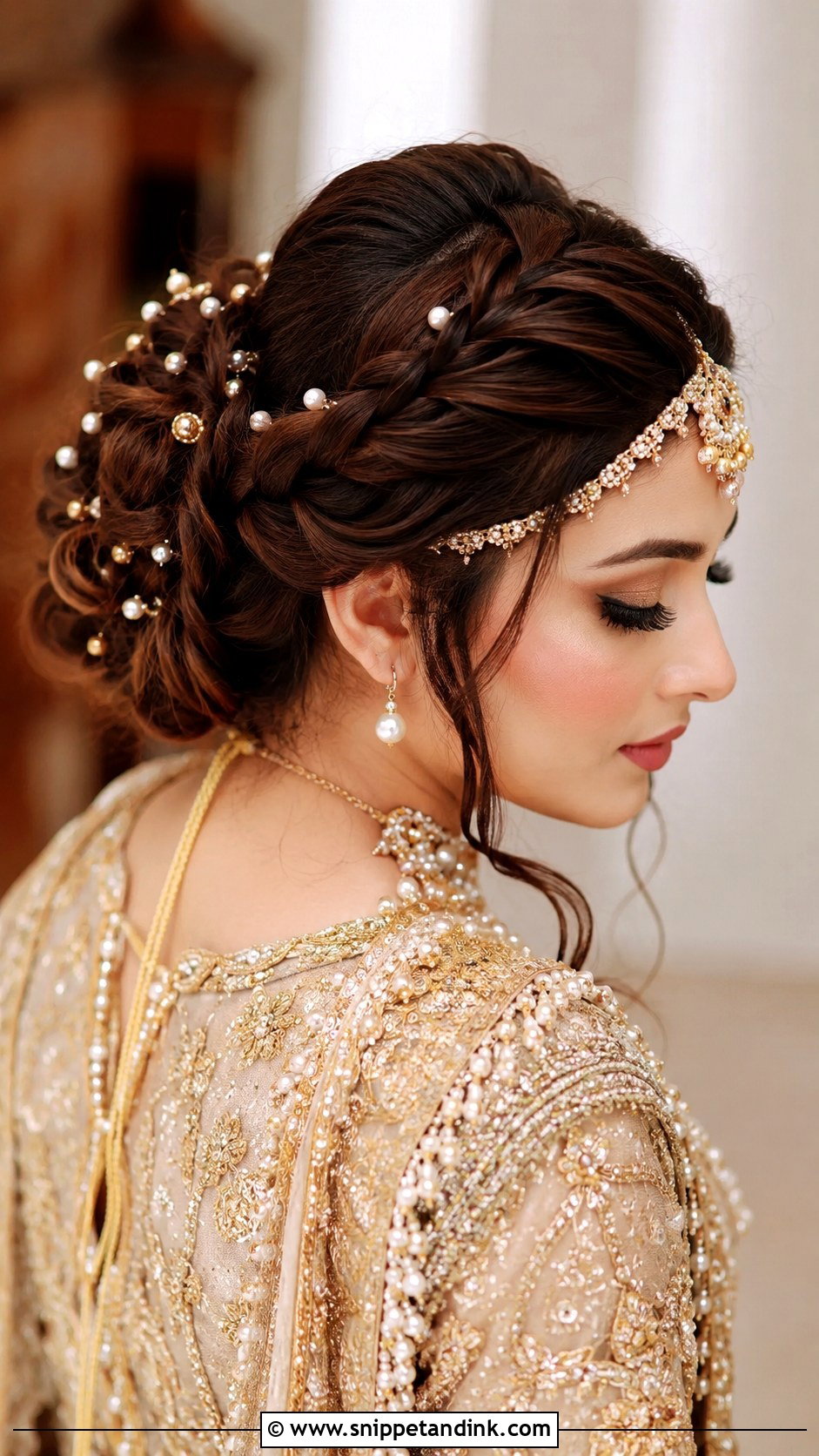 Braided Updo With Pearl Pins - Snippet and Ink - 20 Pakistani Barat Bride Hairstyles