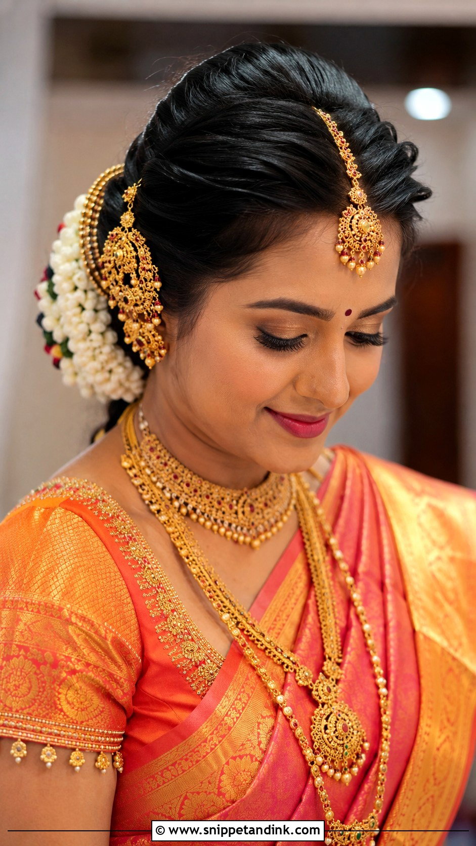 Braided Updo With Temple Jewelry - Snippet and Ink - 20 Valaikappu Hairstyles