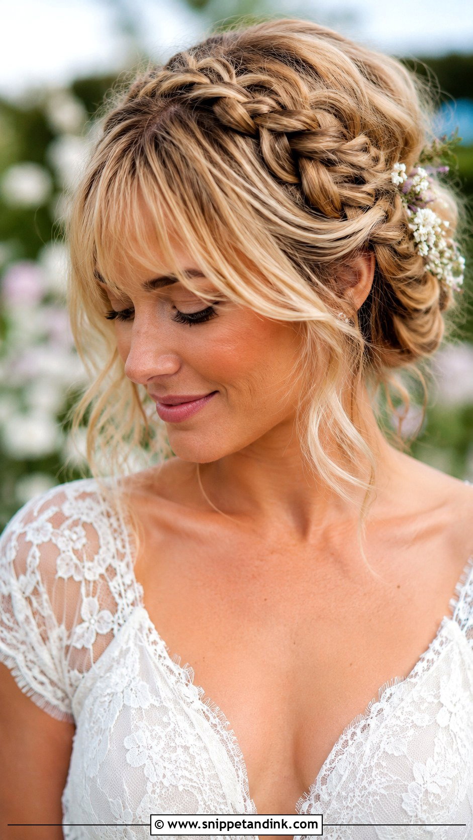 Braided Updo With Wispy Bangs for Blonde Hair - Snippet and Ink - 25 Blonde Wedding Hairstyles