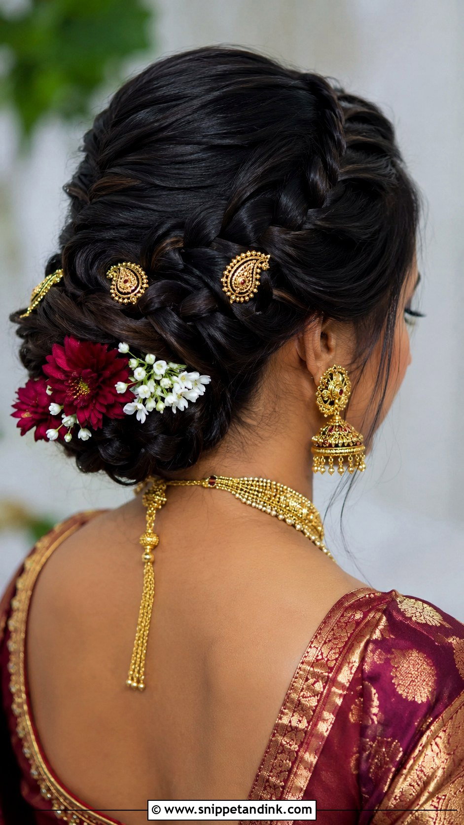 Braided Updo with Mango Motif - Snippet and Ink - 25 South Indian Bride Muhurtham Hairstyle Ideas