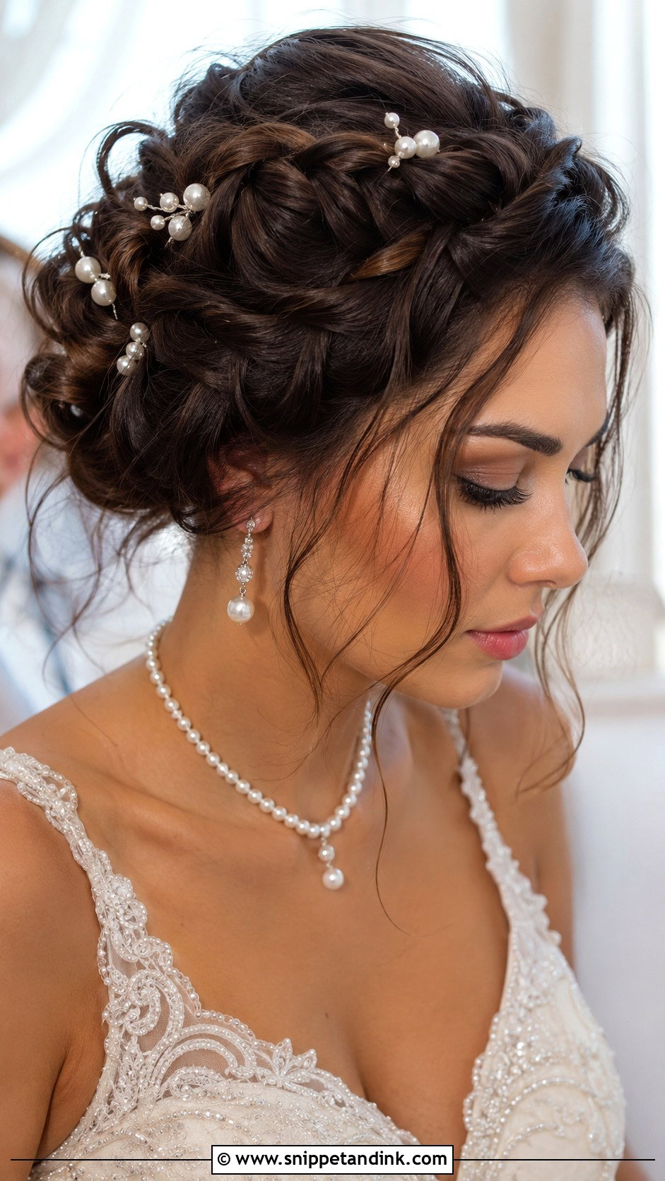Braided Updo with Pearls for Medium Hair - Snippet and Ink - 20 Wedding Hairstyles Medium Hair