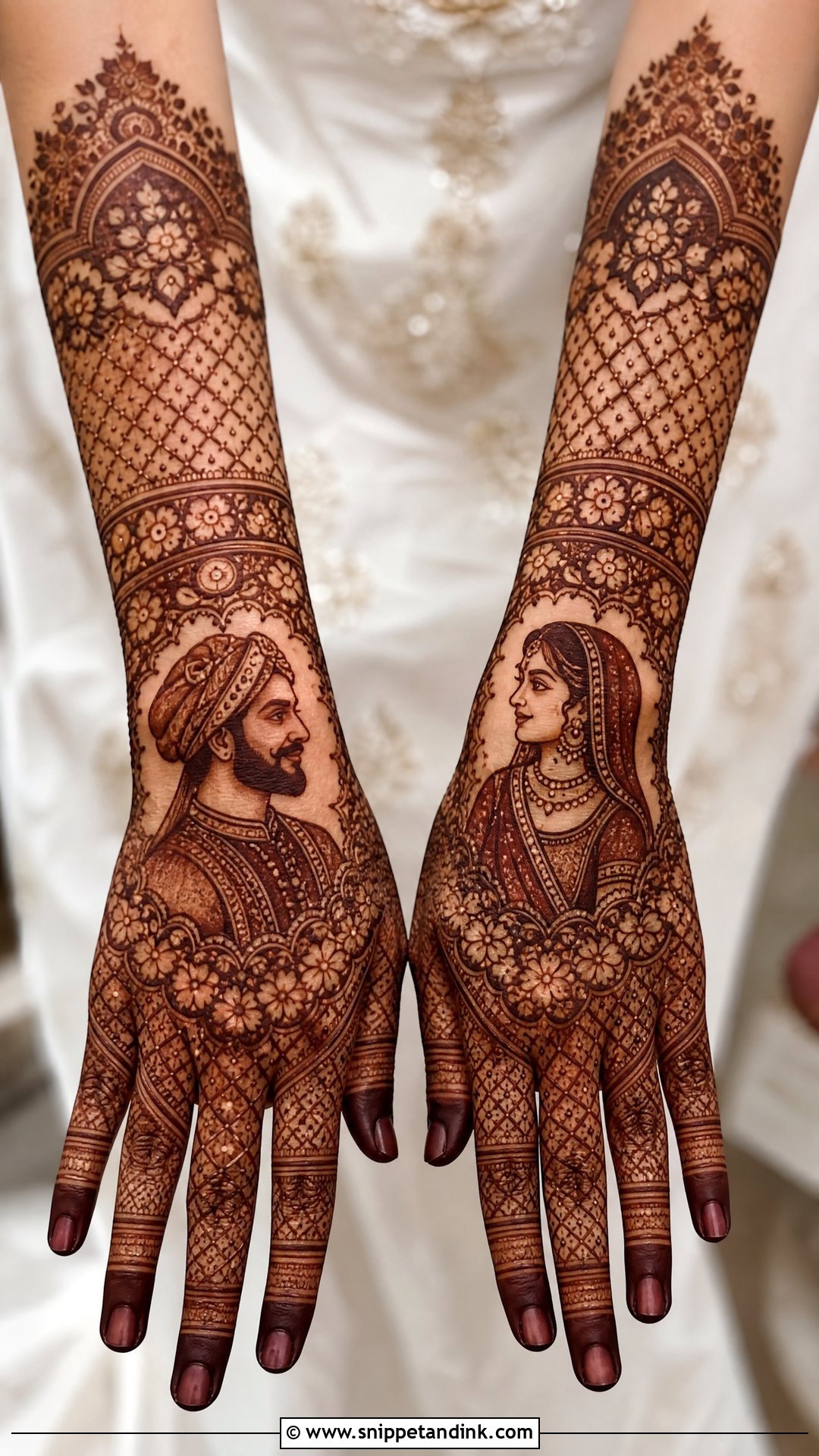 Bridal Back Hand Mehndi With Portrait - Snippet and Ink - 20 Latest Bridal Back Side Mehndi Design Ideas