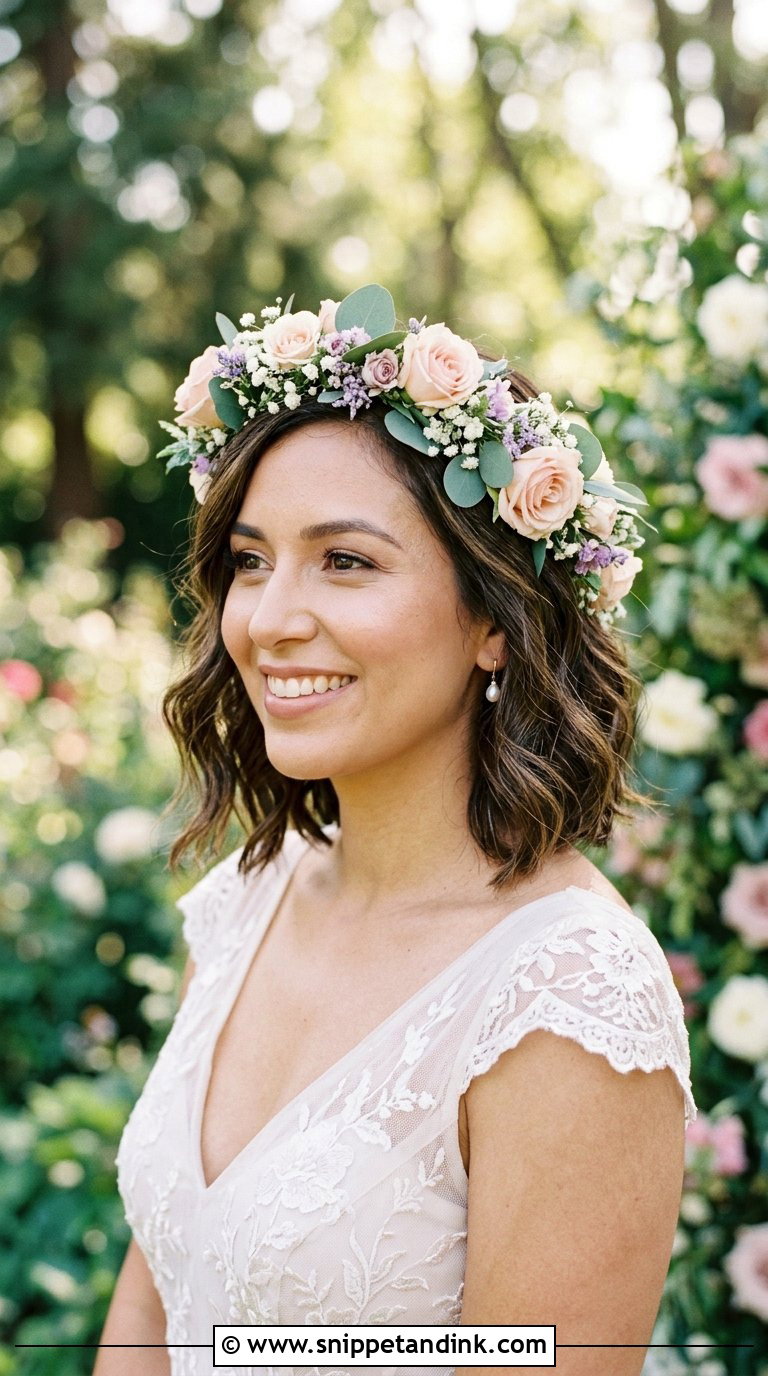 Bridal Bob With Floral Crown - Snippet and Ink - 20 Bridal Hair Short Bob Ideas