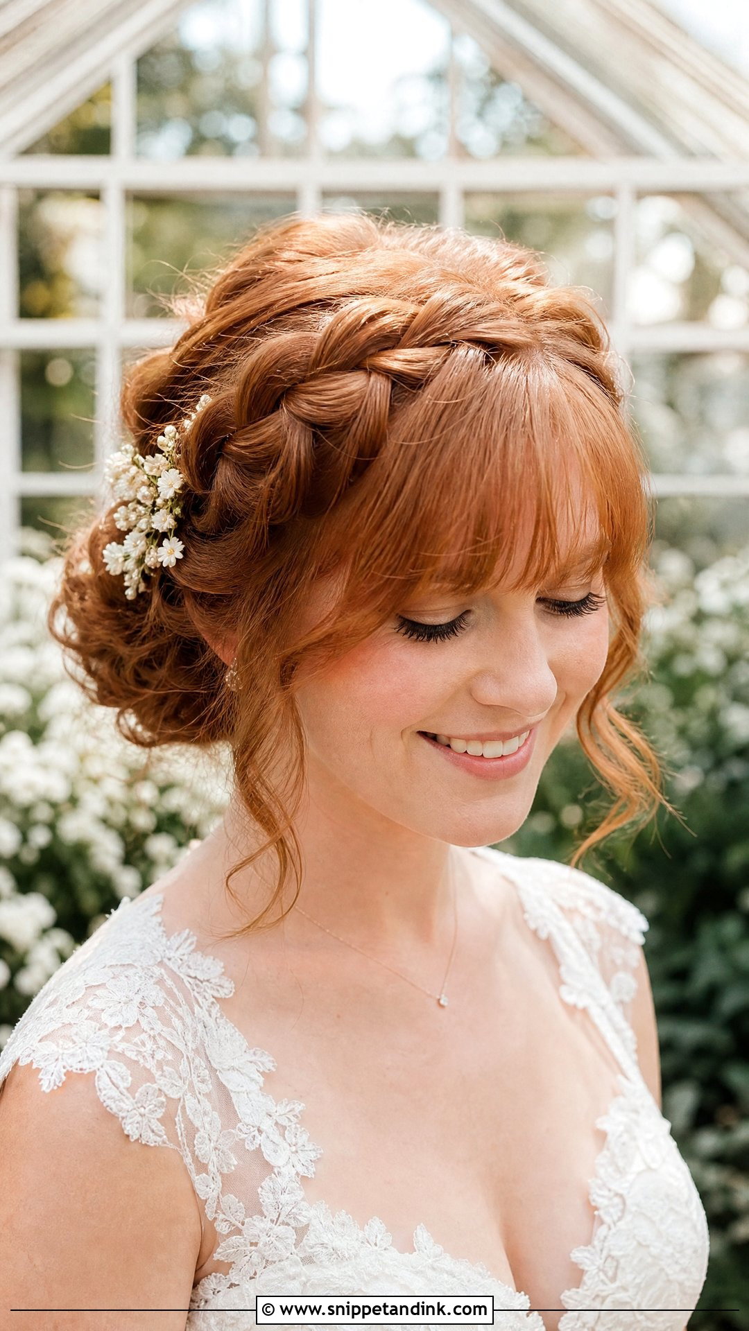 Bridal Braided Crown With Soft Bangs - Snippet and Ink - 15 Bridal Hairstyles for Big Foreheads