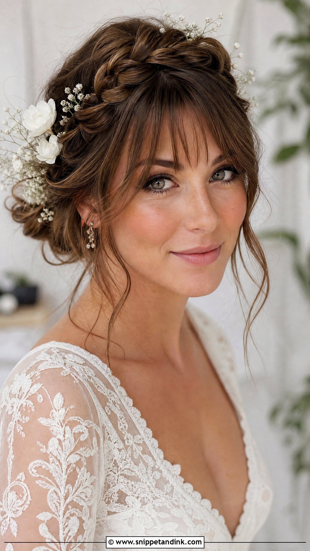 Bridal Braided Crown With Soft Fringe - Snippet and Ink - 15 Big Forehead Bridal Hairstyles