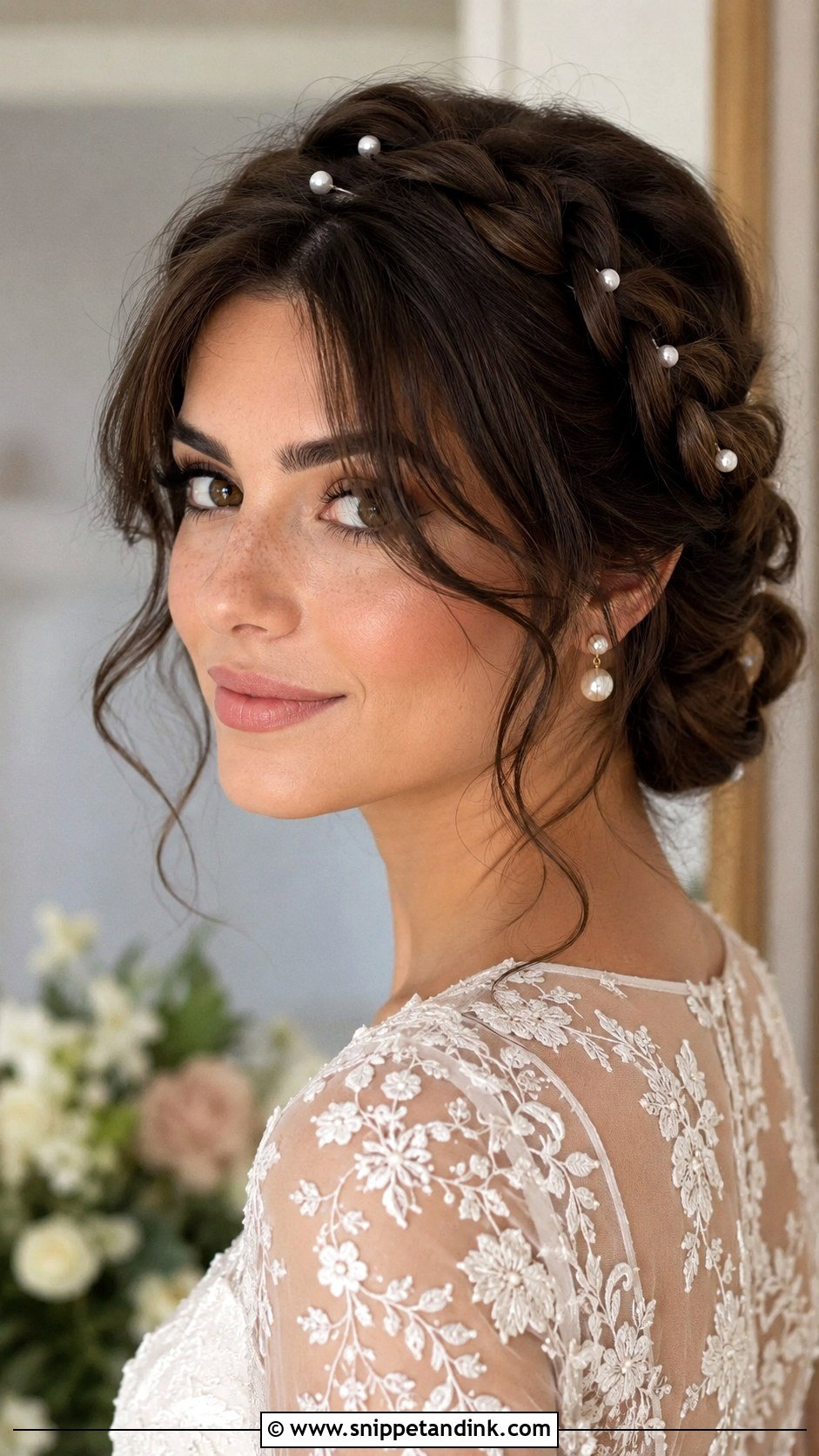 Bridal Braided Updo With Curtain Bangs - Snippet and Ink - 20 Bridal Hair Curtain Bangs