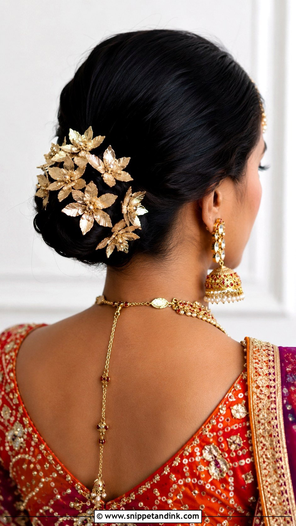 Bridal Bun With Gota Accessory - Snippet and Ink - 25 Indian Front Look Bridal Bun Hairstyles