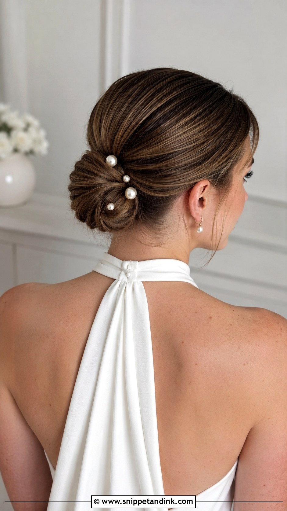 Bridal Bun With Pearls for Halter Neckline - Snippet and Ink - 20 Halter Neck Wedding Hairstyles