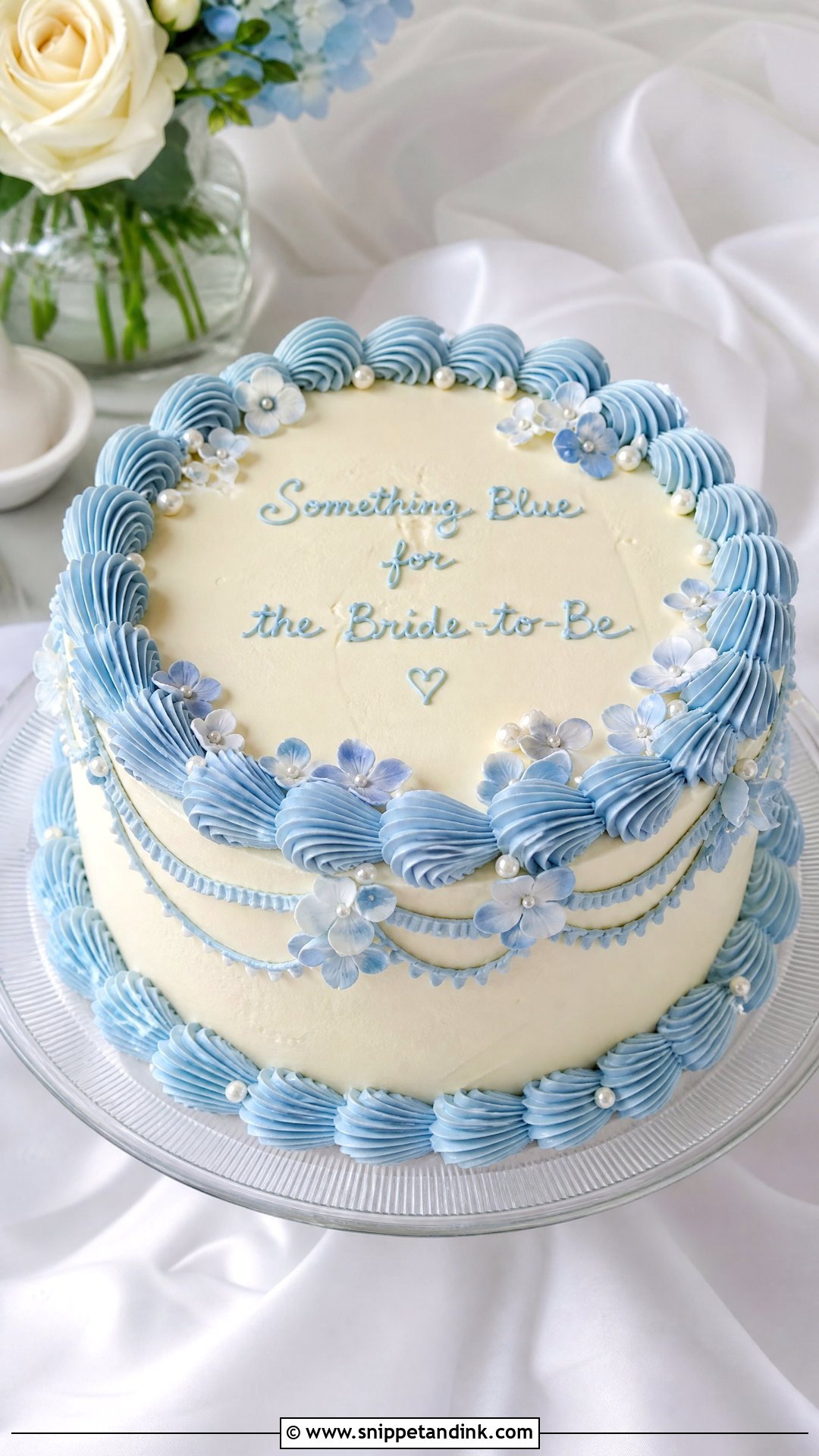 Bridal Cake With Blue Details - Snippet and Ink - 25 Bridal Cake Ideas
