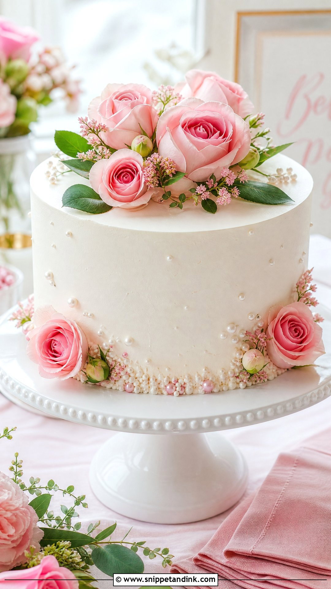 Bridal Cake With Pink Roses - Snippet and Ink - 25 Bridal Cake Ideas