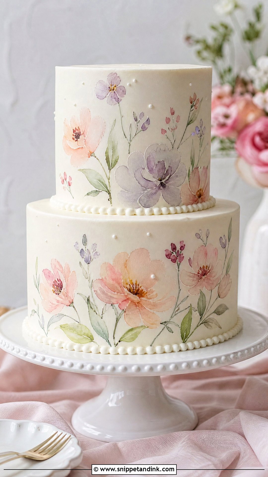Bridal Cake With Watercolor Flowers - Snippet and Ink - 25 Bridal Cake Ideas