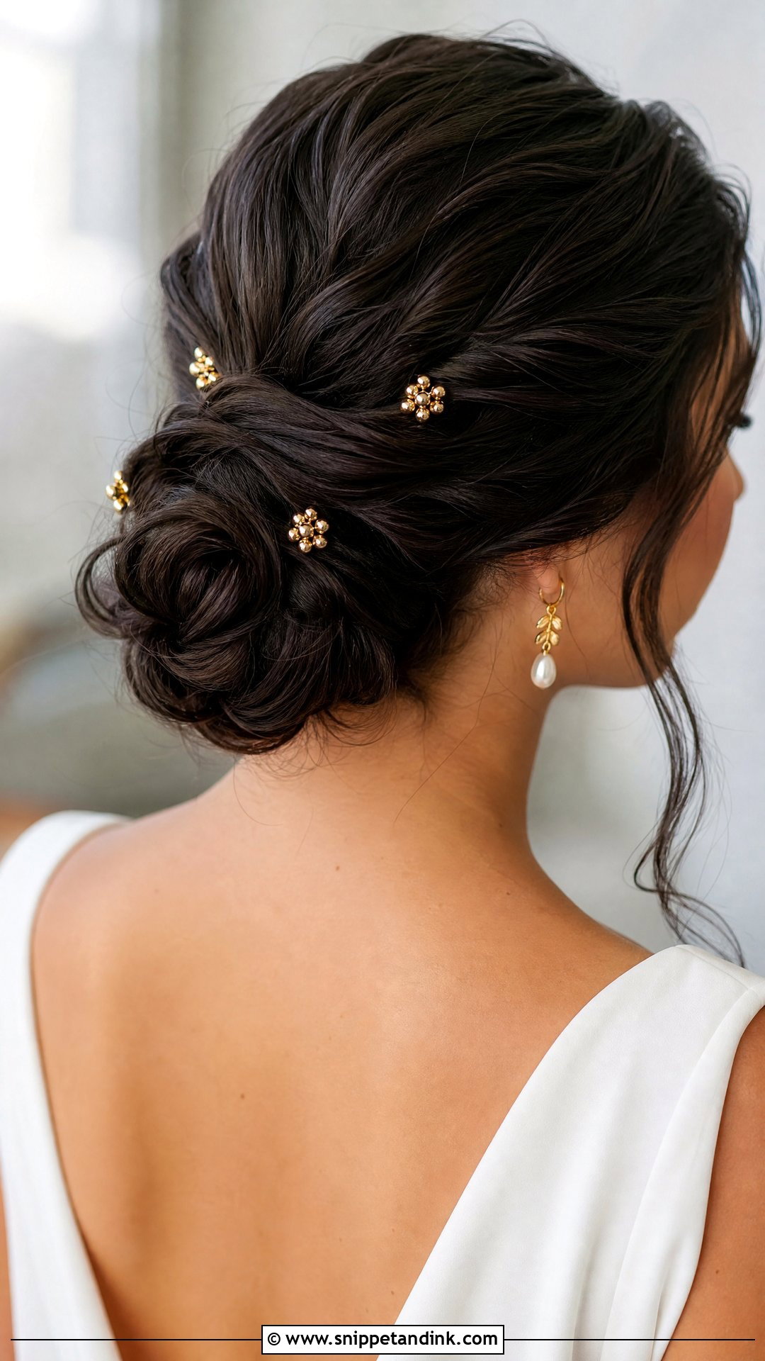 Bridal Chignon With Gold Hair Pins - Snippet and Ink - 15 Bridal Hair with Hair Piece Ideas