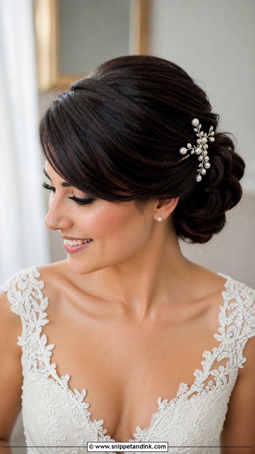 Bridal Chignon With Side Swept Bangs - Snippet and Ink - 15 Front Hair Styles for Bride