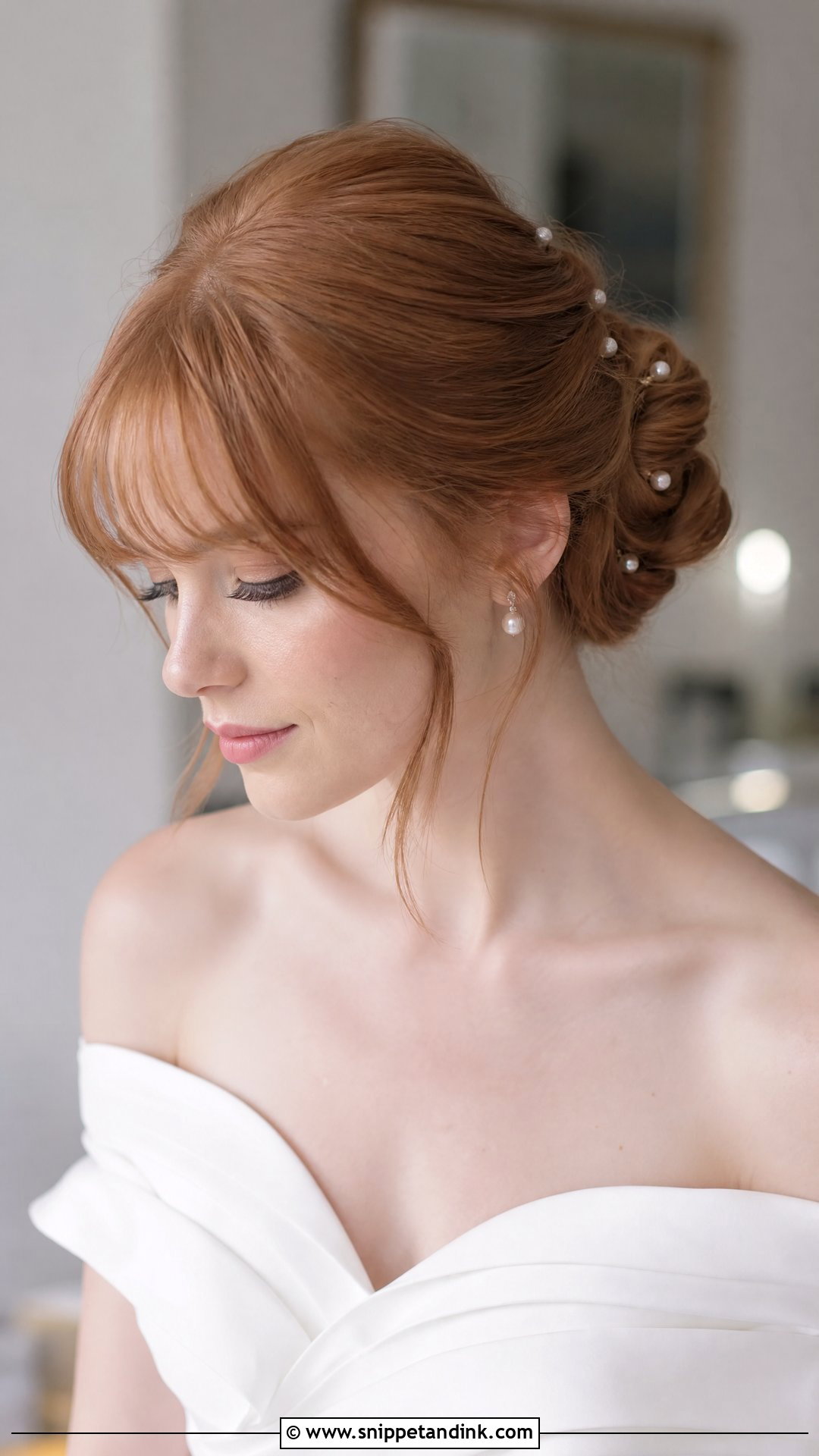 Bridal Chignon With Wispy Bangs - Snippet and Ink - 15 Bridal Hairstyles for Big Foreheads