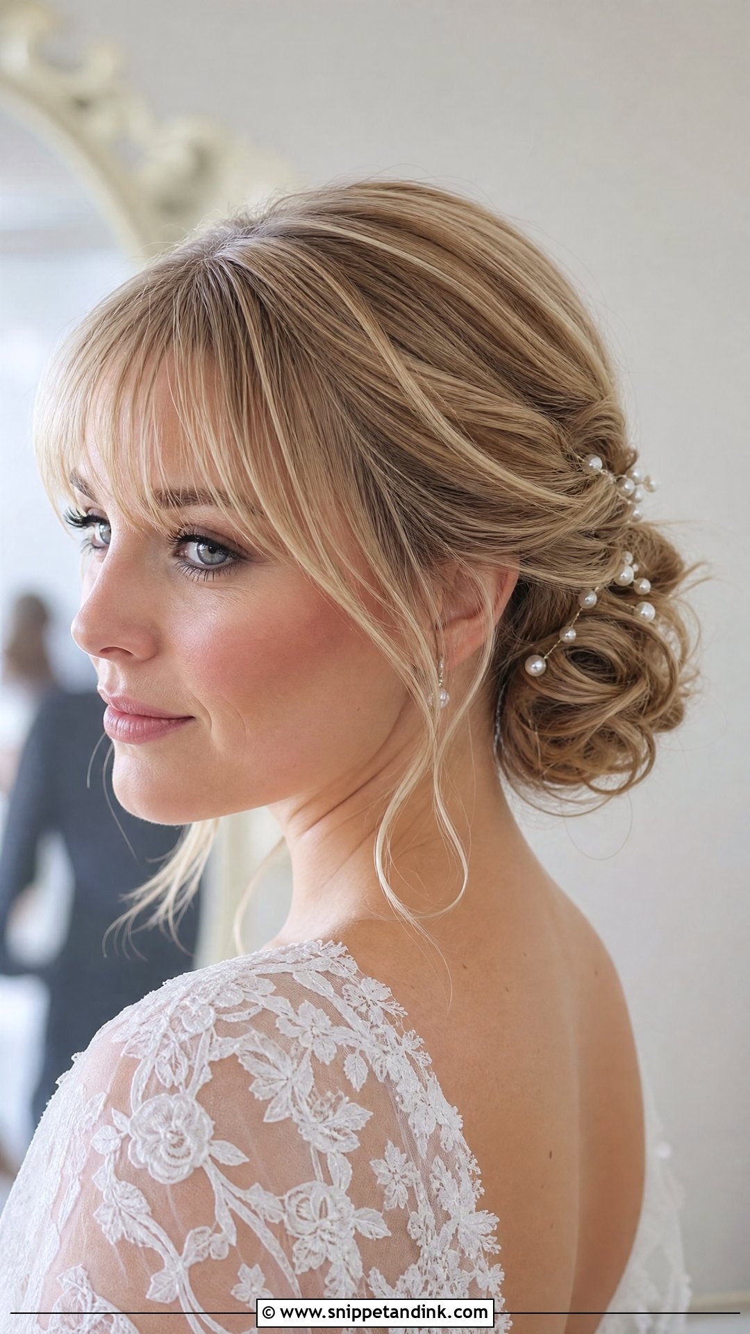 Bridal Chignon With Wispy Bangs - Snippet and Ink - 15 Big Forehead Bridal Hairstyles