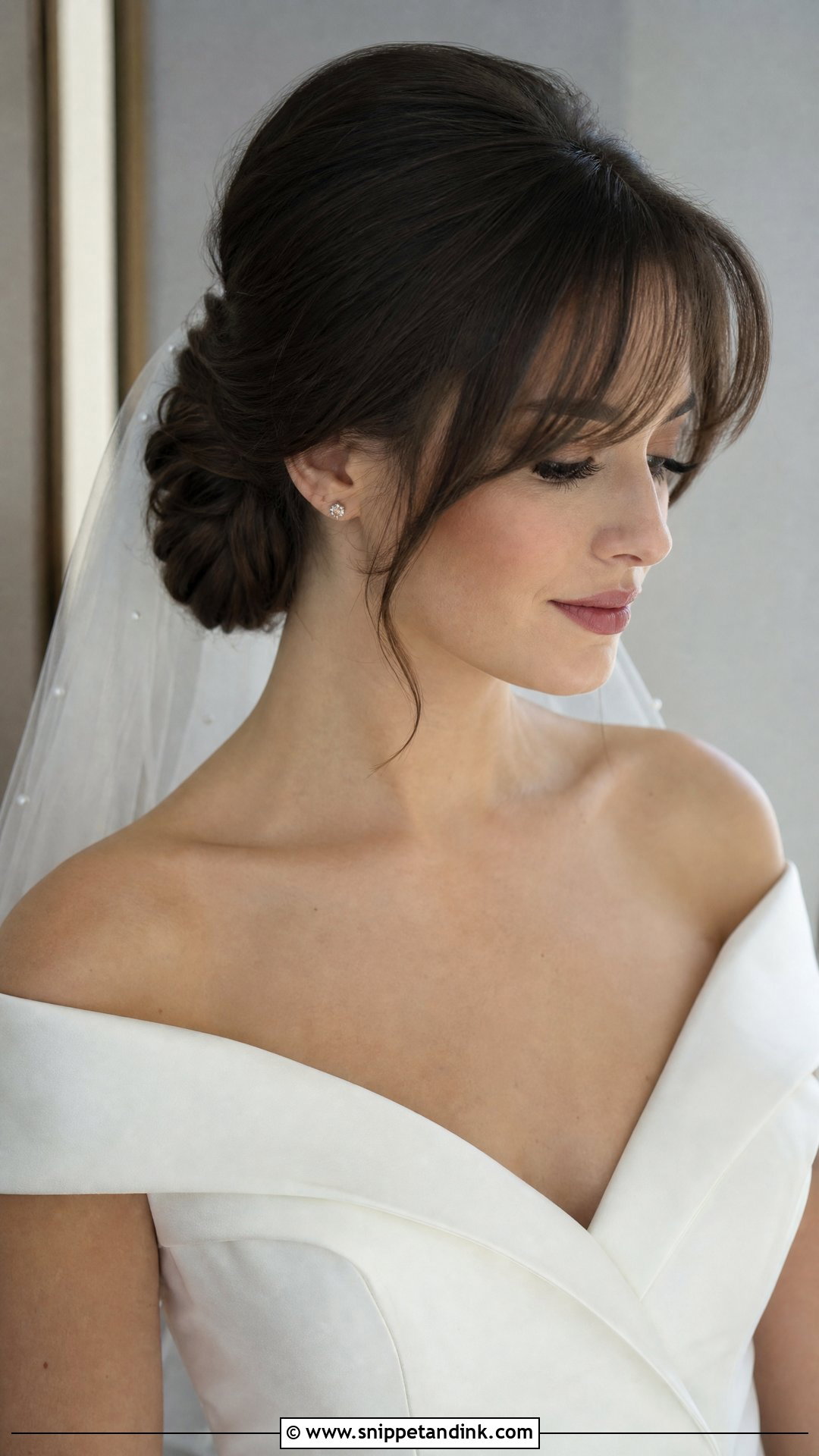 Bridal Chignon with Curtain Bangs - Snippet and Ink - 20 Wedding Hairstyles with Curtain Bangs