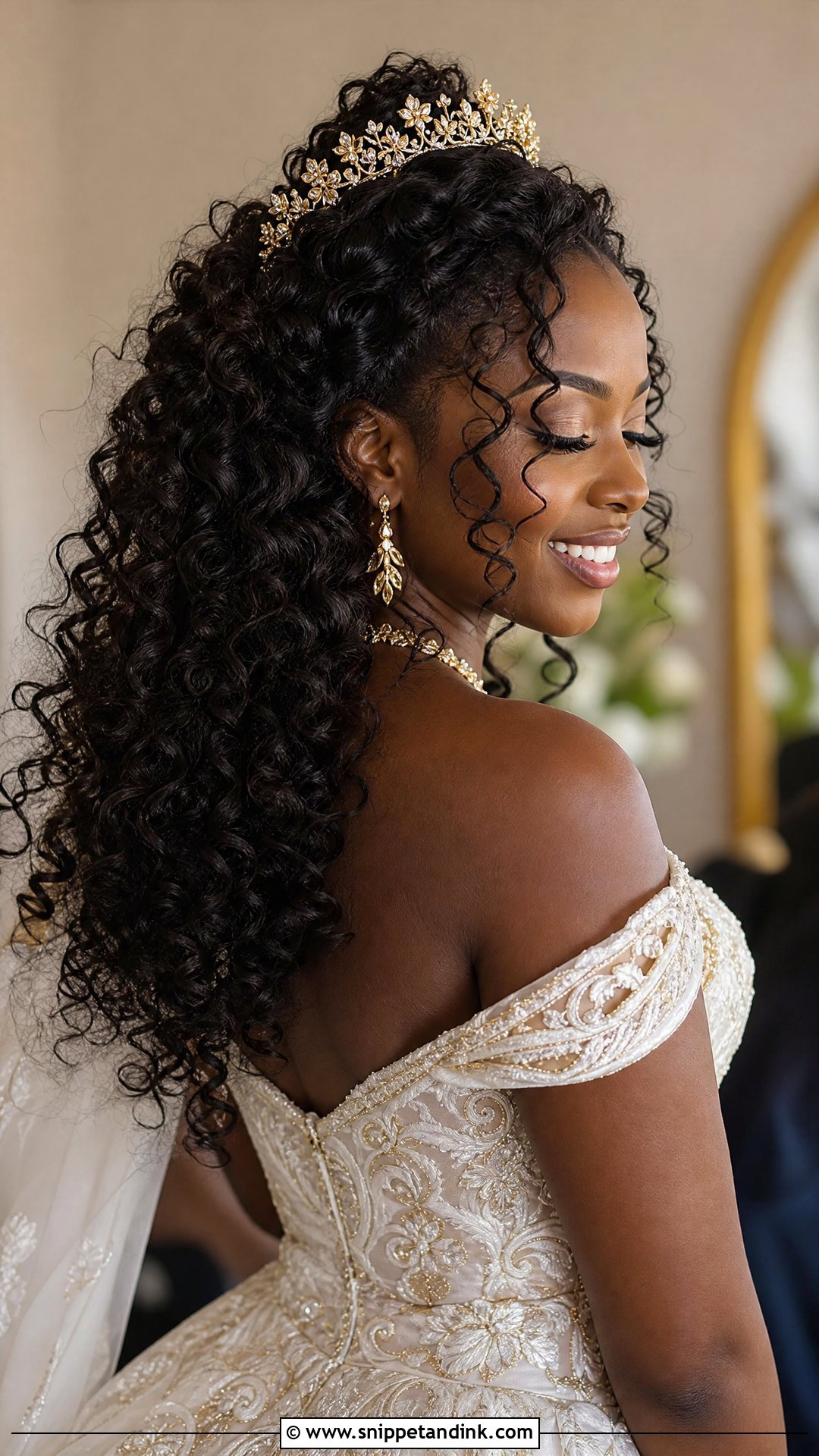 Bridal Curly Hair With Gold Crown - Snippet and Ink - 15 Bridal Hair with Hair Piece Ideas