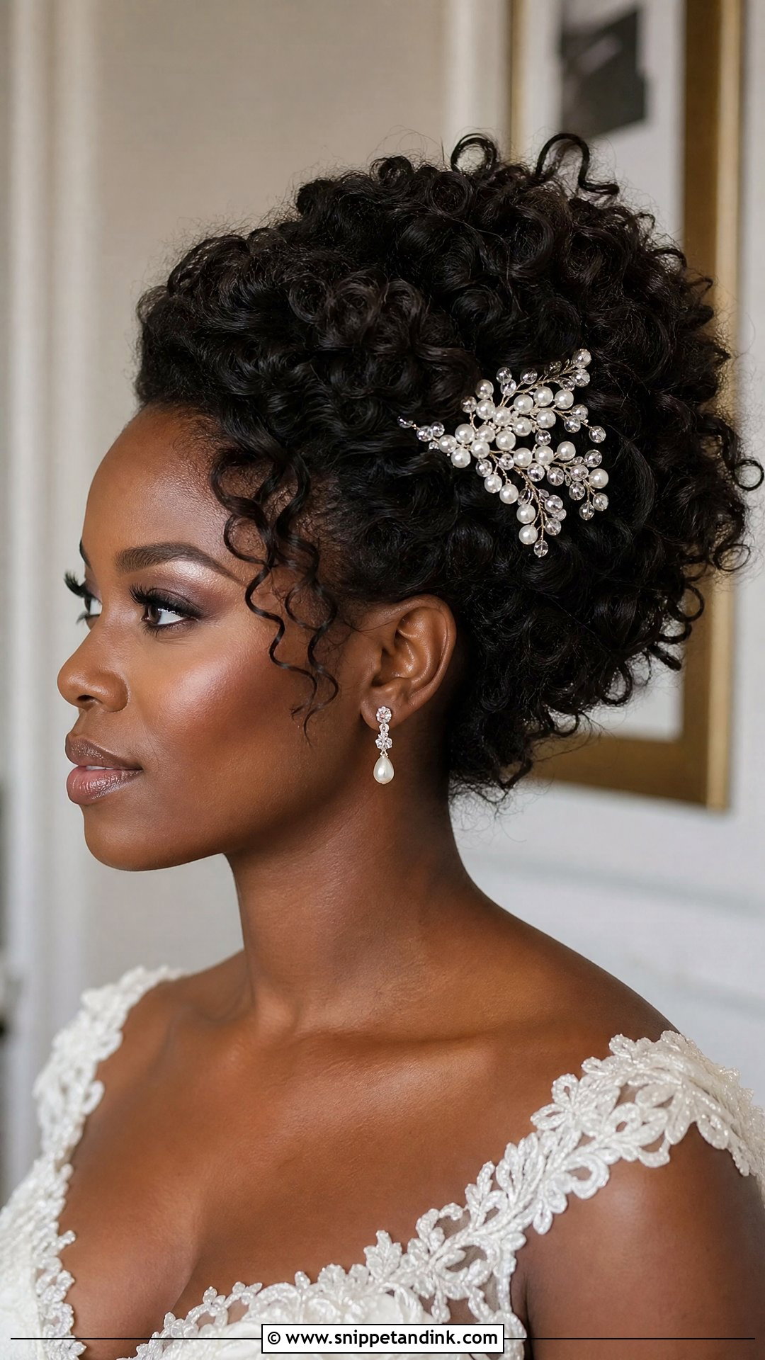 Bridal Curly Updo With Pearl Brooch - Snippet and Ink - 15 Bridal Hair Brooch Ideas