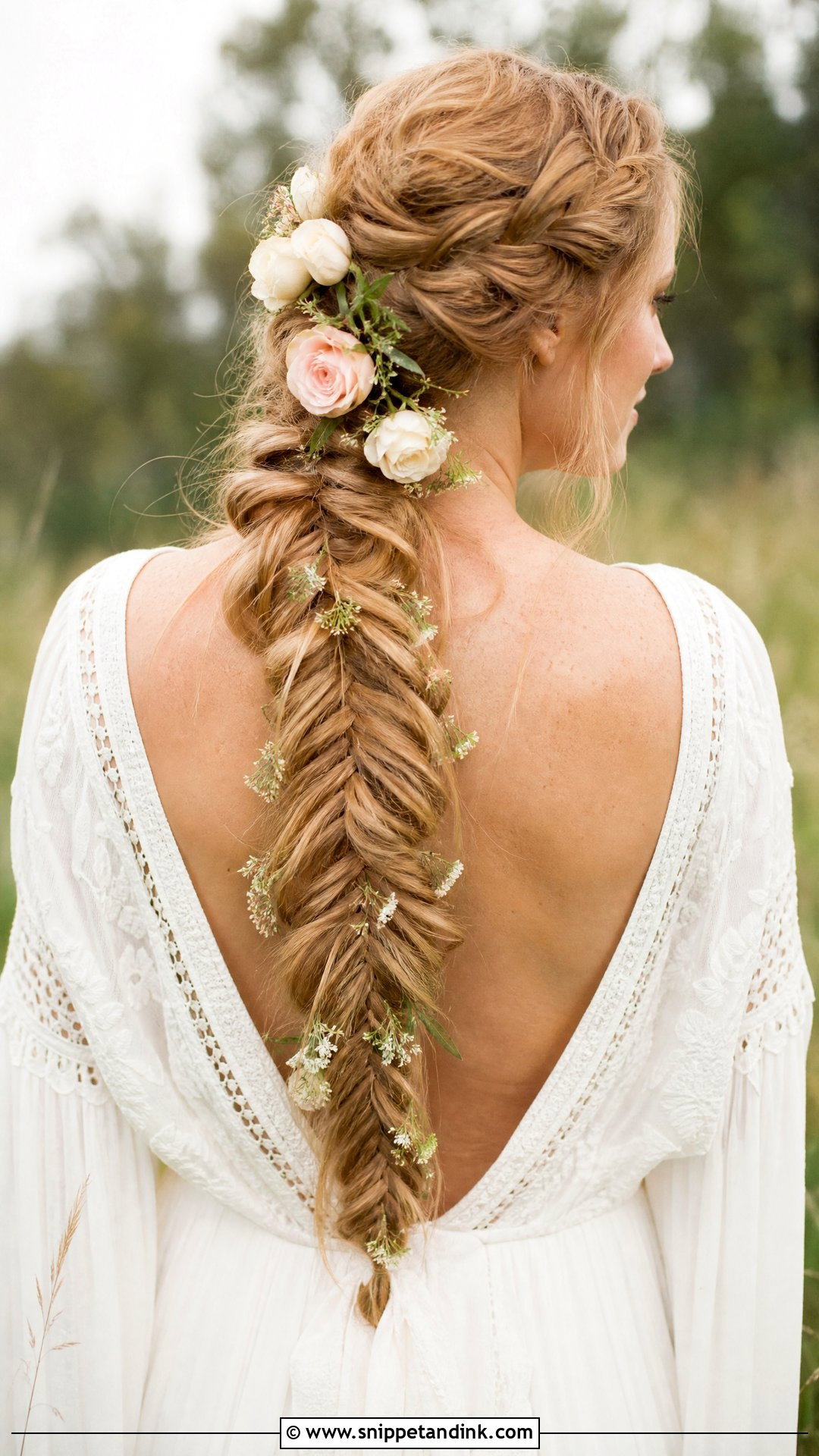 Bridal Fishtail Braid With Flowers - Snippet and Ink - 15 Bridal Real Flower Hairstyle Ideas