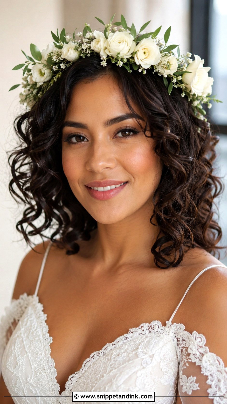 Bridal Flower Crown With Curly Hair - Snippet and Ink - 20 Bridal Hair Flower Crown Ideas