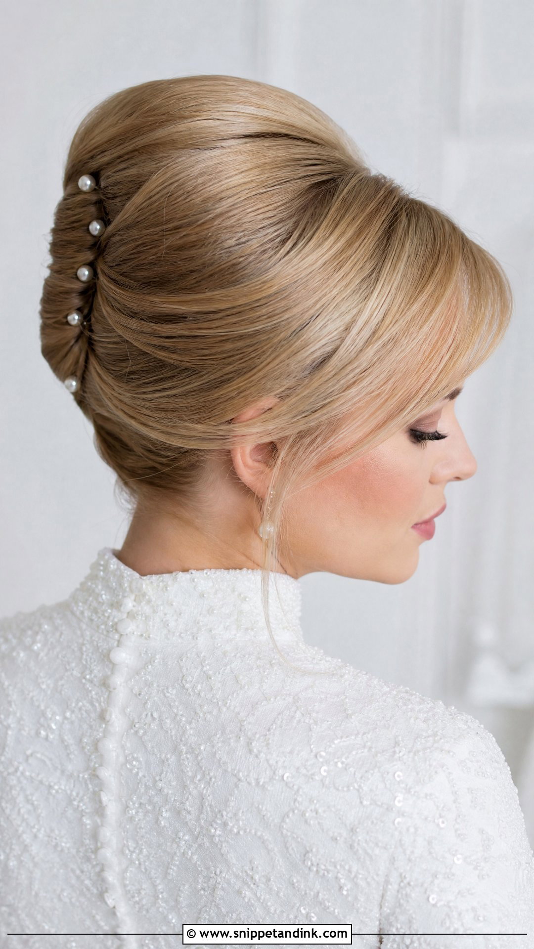 Bridal French Twist With Side Bangs - Snippet and Ink - 15 Bridal Hairstyles for Big Foreheads