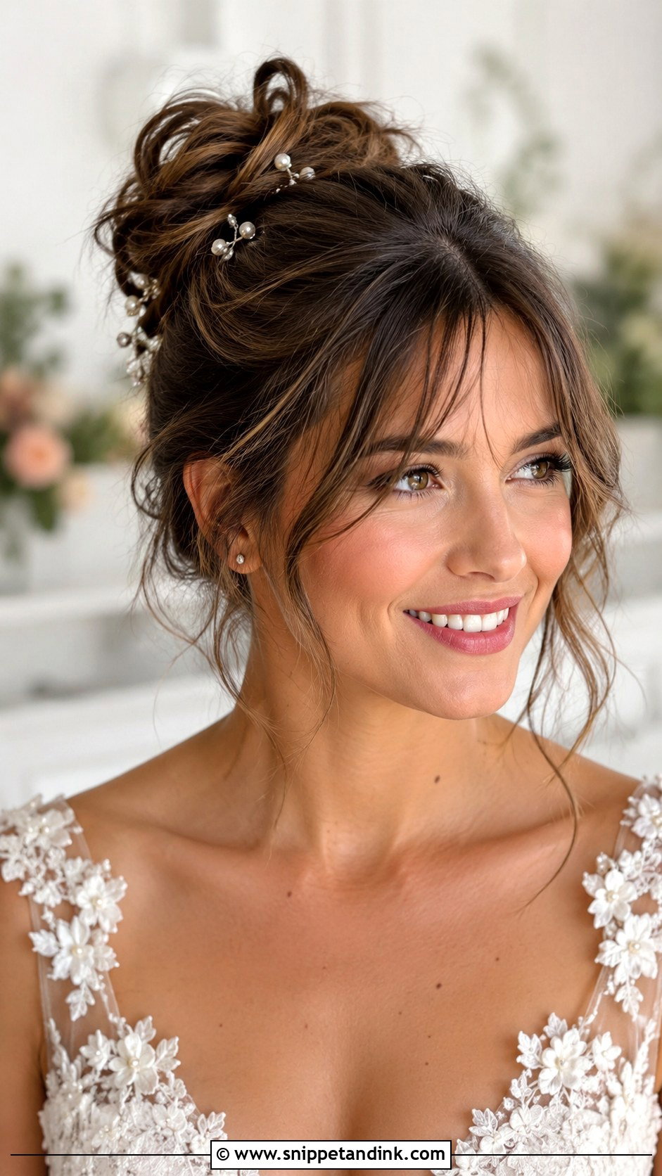 Bridal Front Messy Bun With Soft Bangs - Snippet and Ink - 20 Bridal Front Hairstyle Ideas