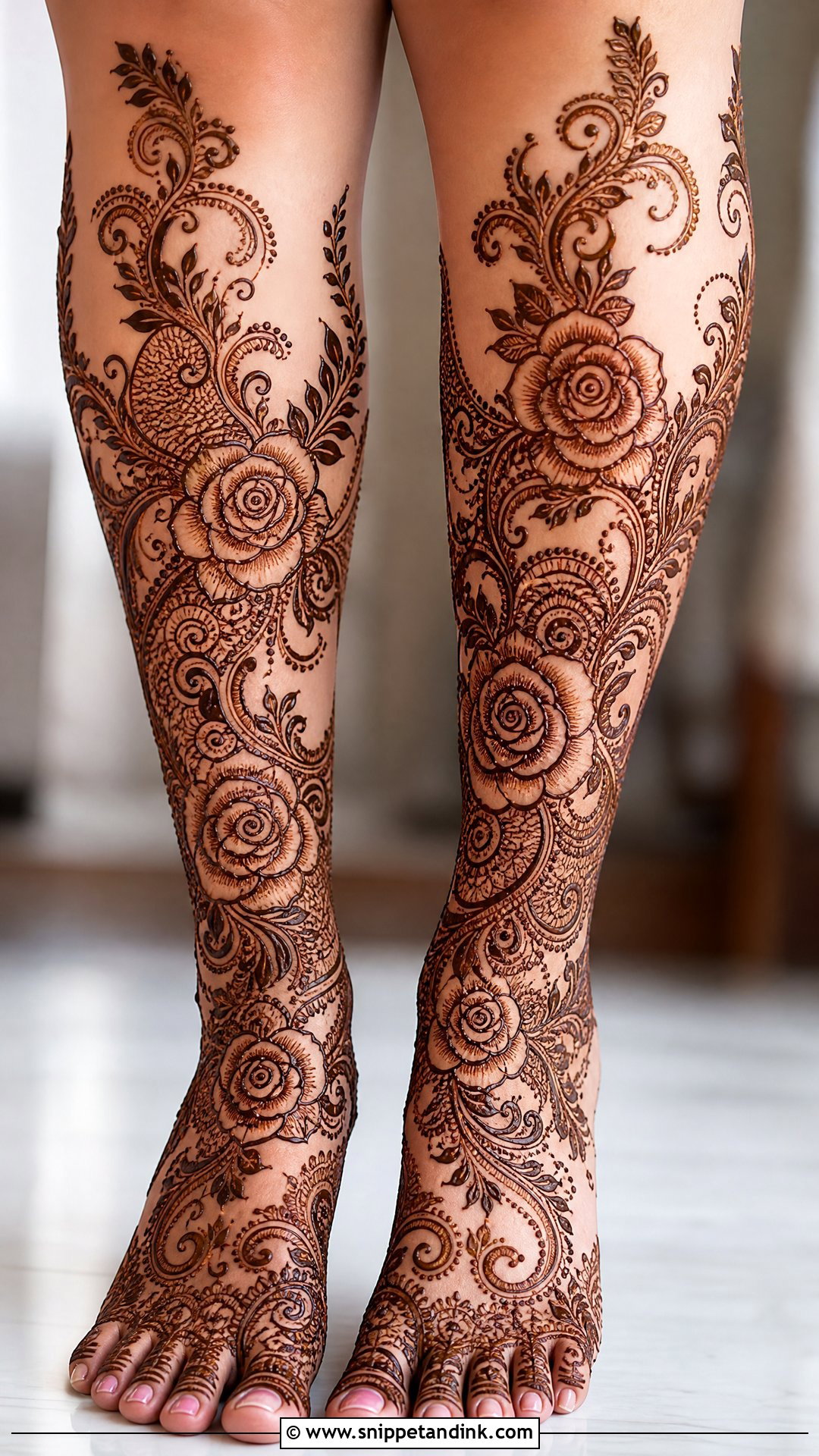 Bridal Full Leg Mehndi With Rose - Snippet and Ink - 20 Bridal Full Leg Mehndi Designs