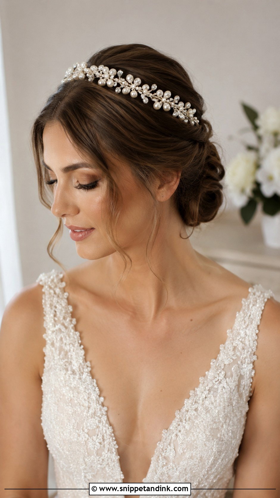Bridal Hair Crown With Low Bun - Snippet and Ink - 20 Bridal Hair Crown Ideas