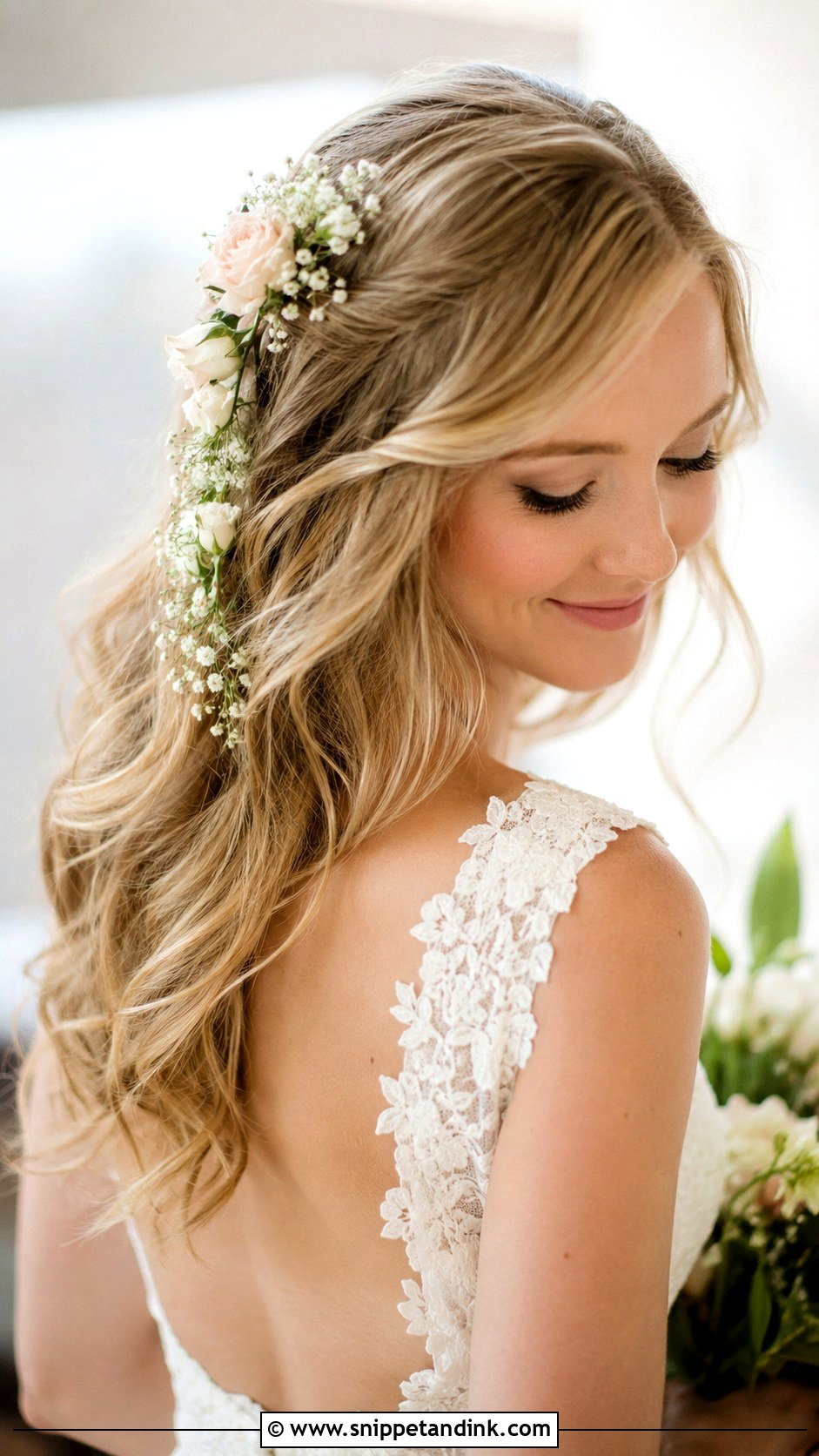 Bridal Hair Down With Fresh Flowers - Snippet and Ink - 25 Long Bridal Hair Down Ideas
