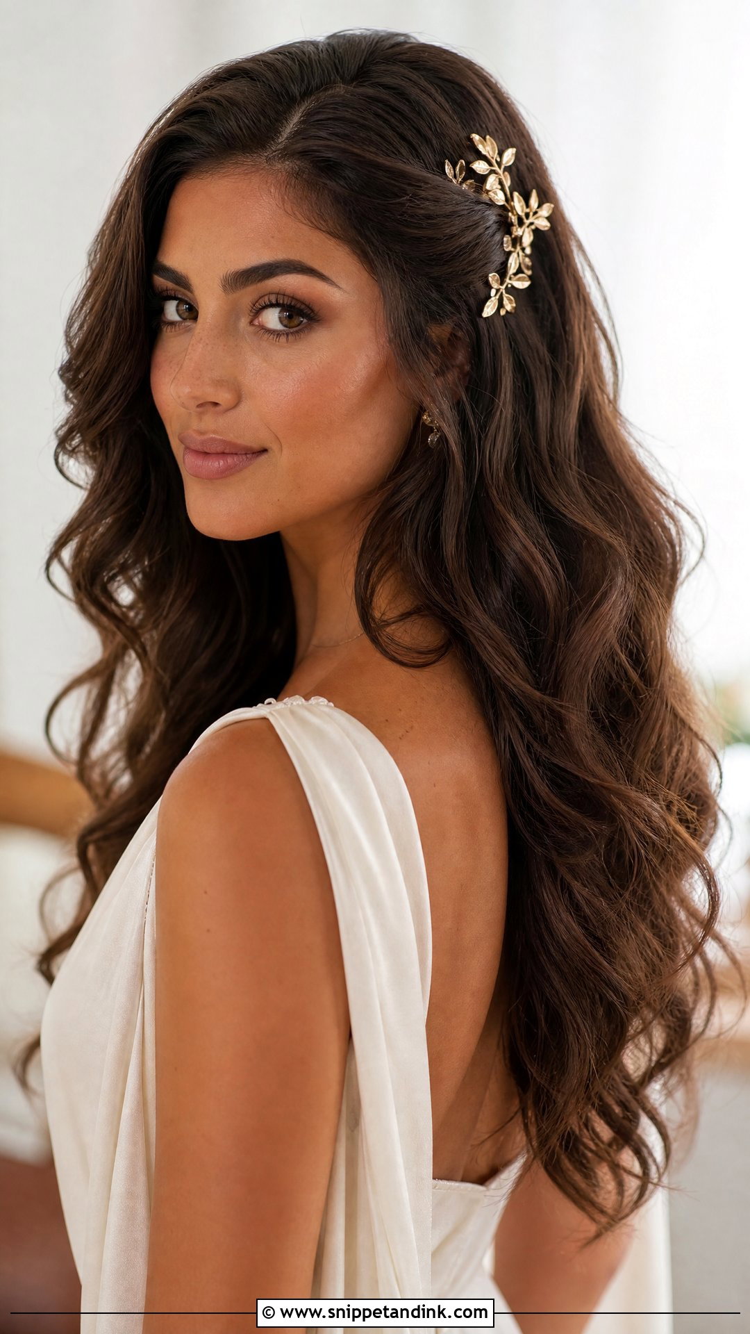 Bridal Hair Piece With Gold Leaves - Snippet and Ink - 15 Bridal Hair Pieces Hair Down Ideas
