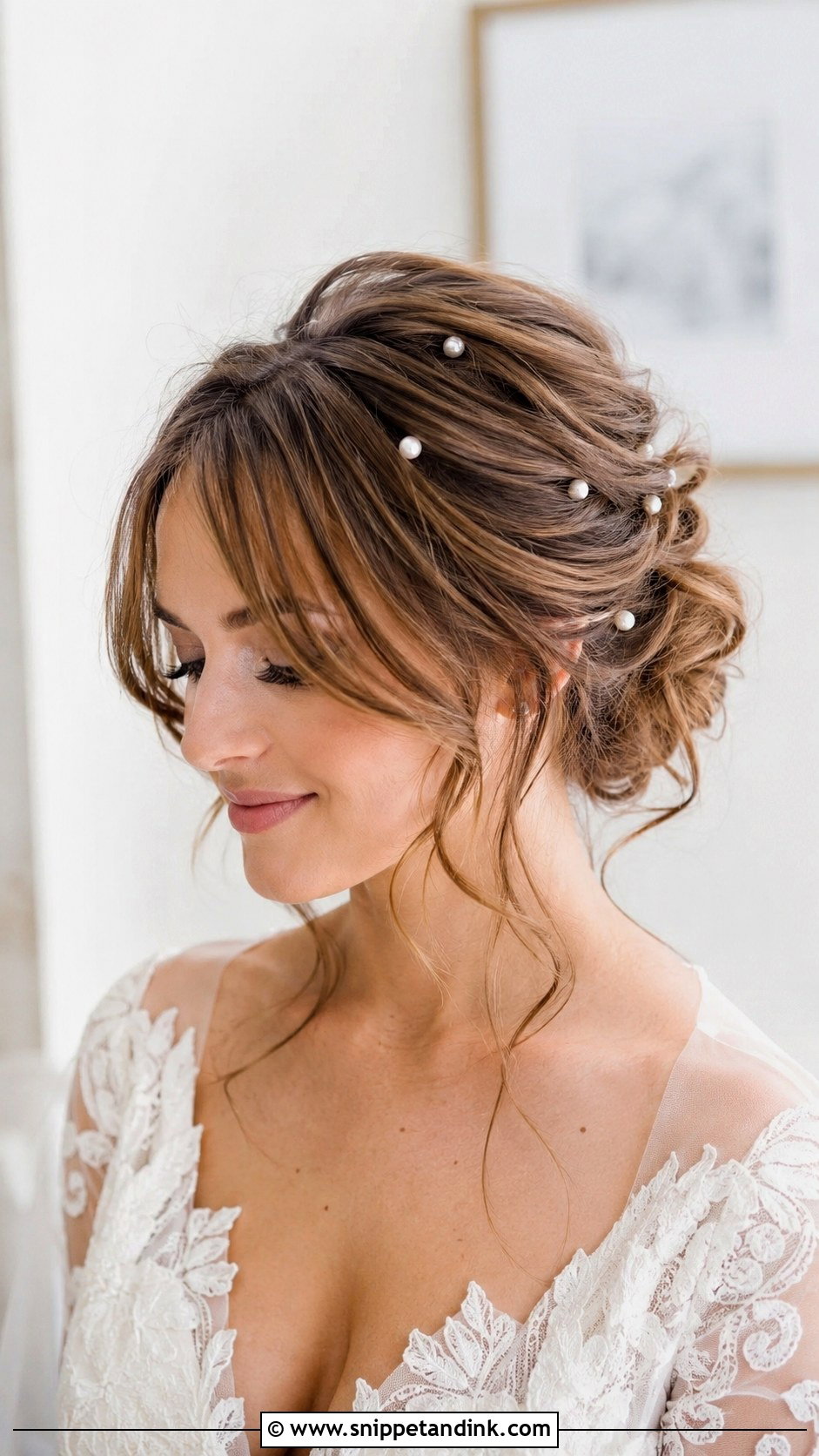 Bridal Hair With Pearl Pins And Curtain Bangs - Snippet and Ink - 20 Bridal Hair Curtain Bangs