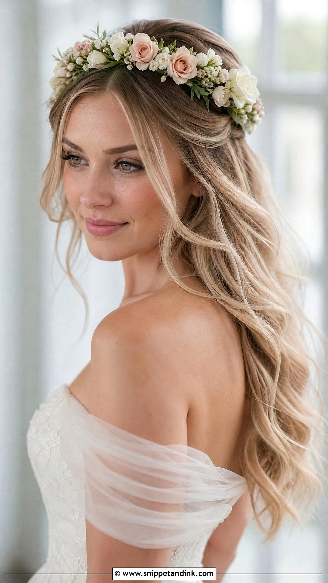 Bridal Hair Wreath With Loose Waves - Snippet and Ink - 15 Bridal Hair Wreath Ideas