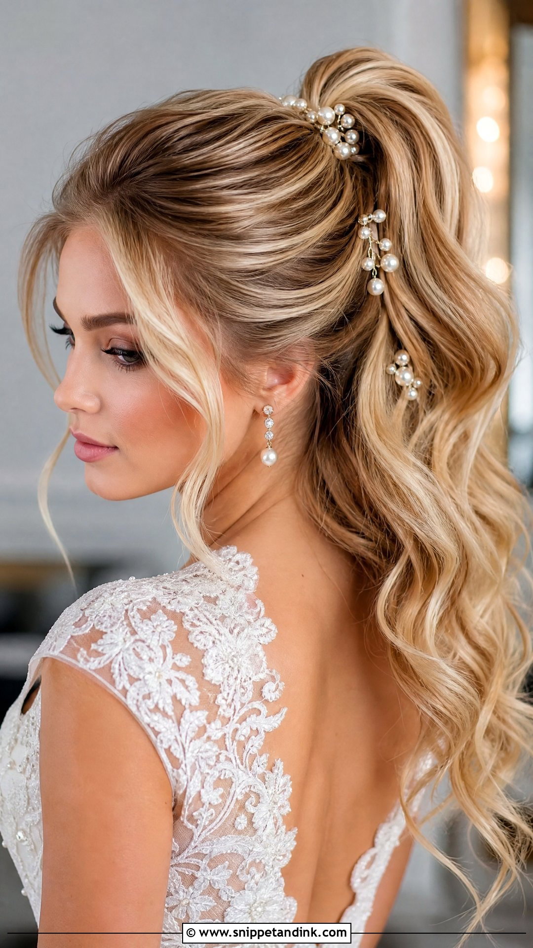 Bridal High Ponytail With Pearl Pins - Snippet and Ink - 15 Bridal High Ponytail Wedding Hairstyles