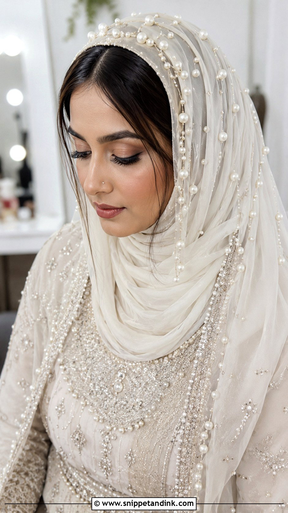 Bridal Hijab With Pearl Accents - Snippet and Ink - 25 Muslim Bridal Hairstyles