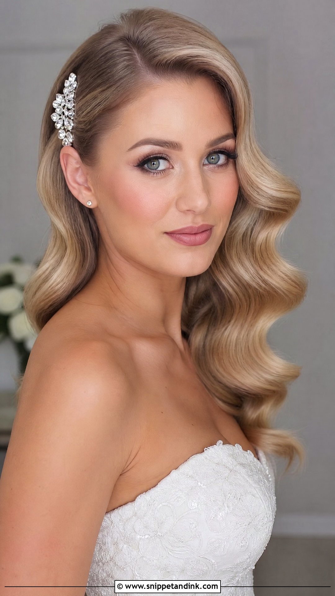 Bridal Hollywood Waves With Crystal Clip - Snippet and Ink - 15 Bridal Hair with Hair Piece Ideas