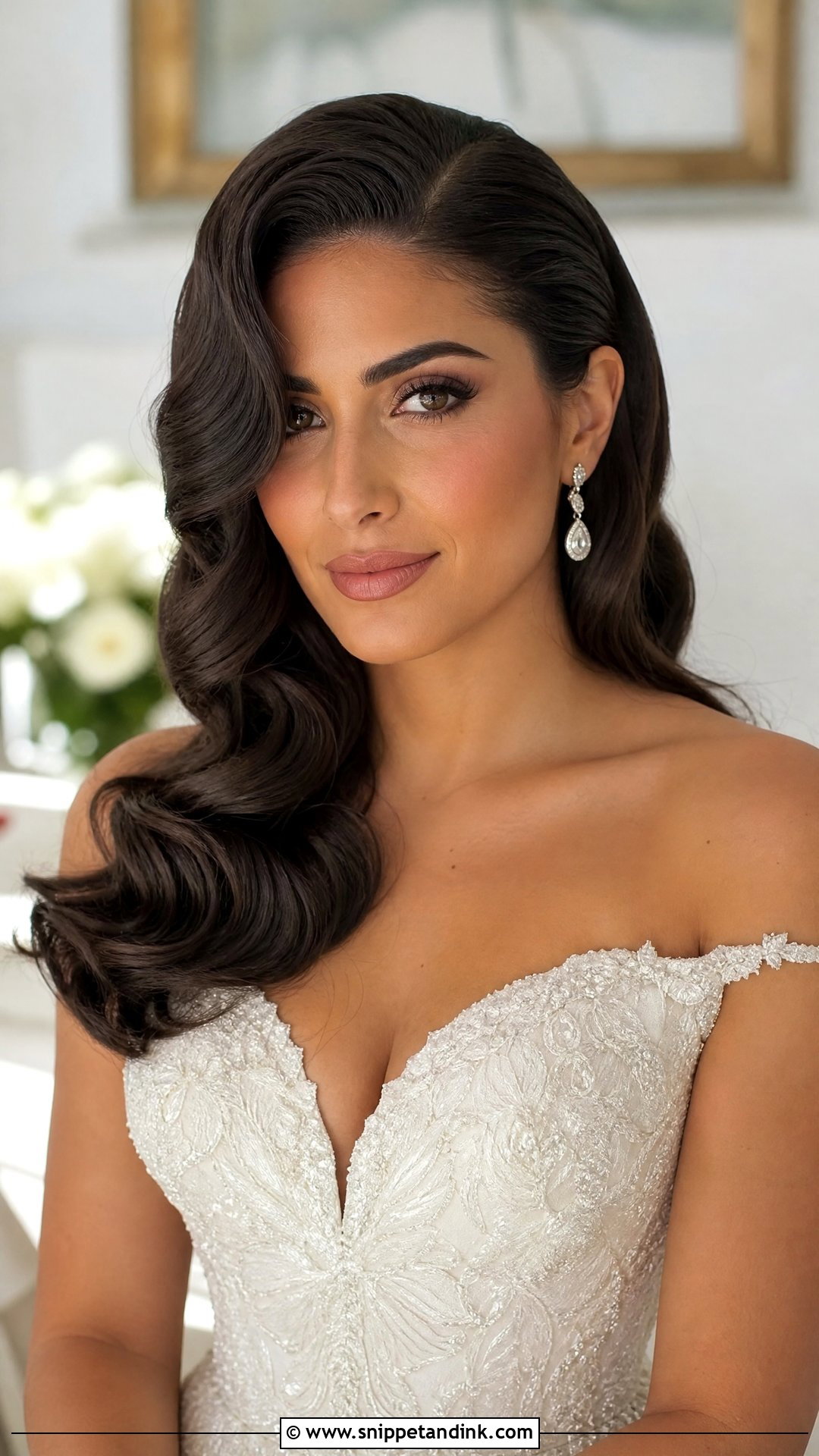 Bridal Hollywood Waves With Deep Side Part - Snippet and Ink - 15 Big Forehead Bridal Hairstyles