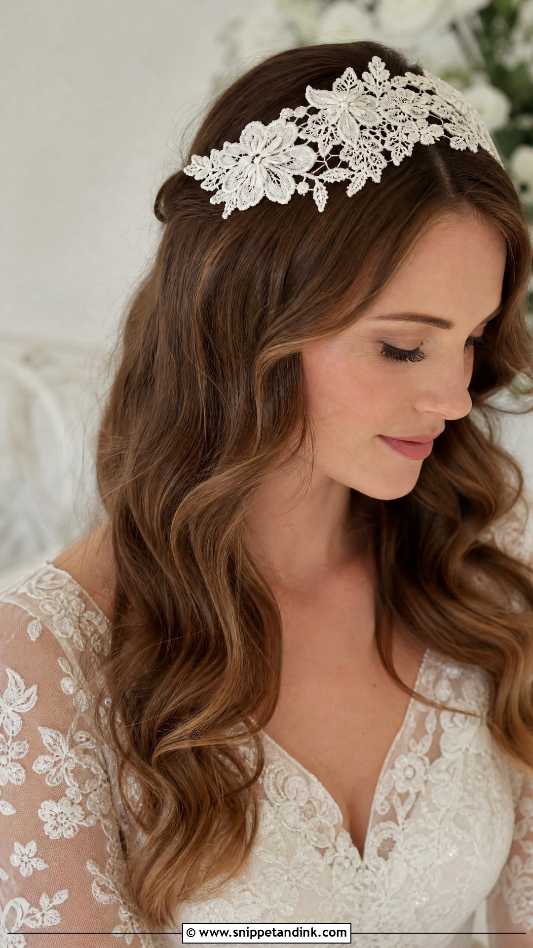 Bridal Lace Headpiece With Hair Down - Snippet and Ink - 15 Bridal Headpieces Hair Down Ideas