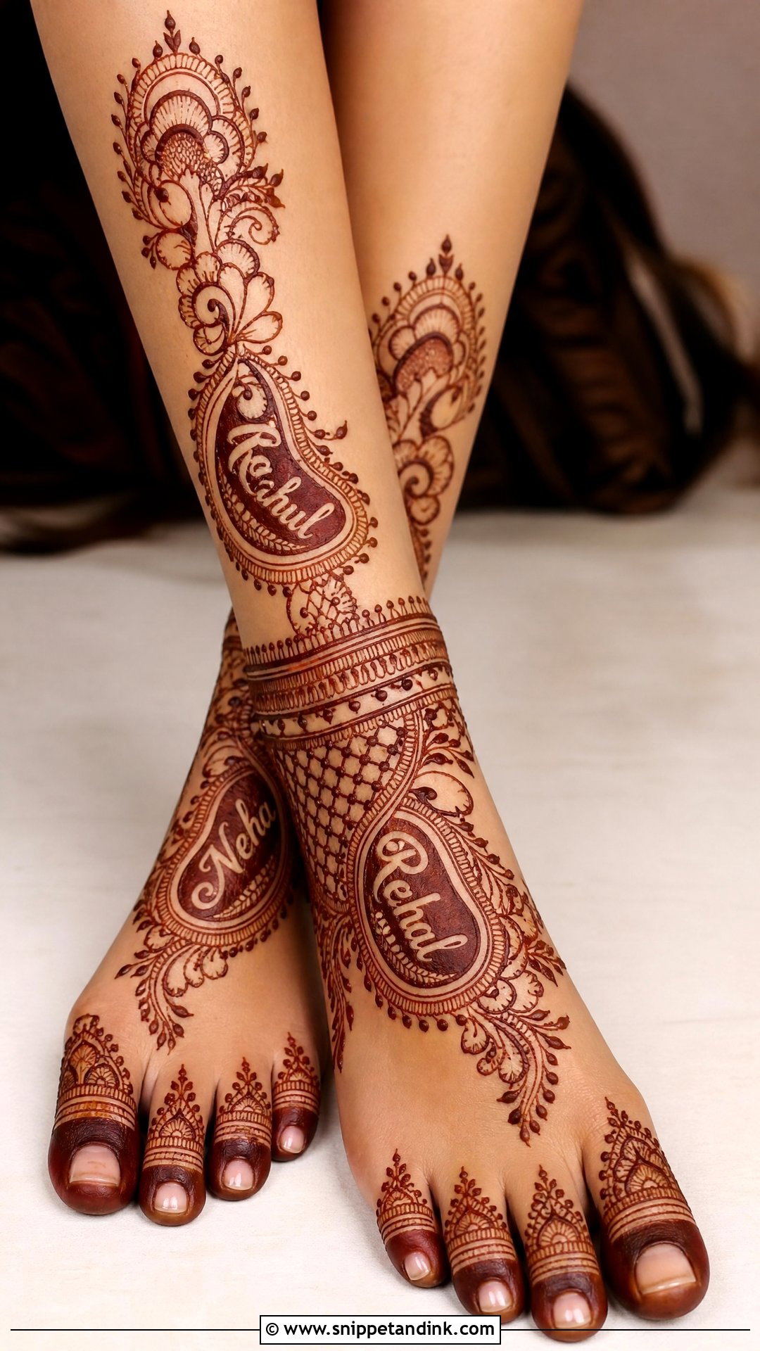 Bridal Leg Mehndi With Name - Snippet and Ink - 30 Bridal Legs Mehndi Design Ideas