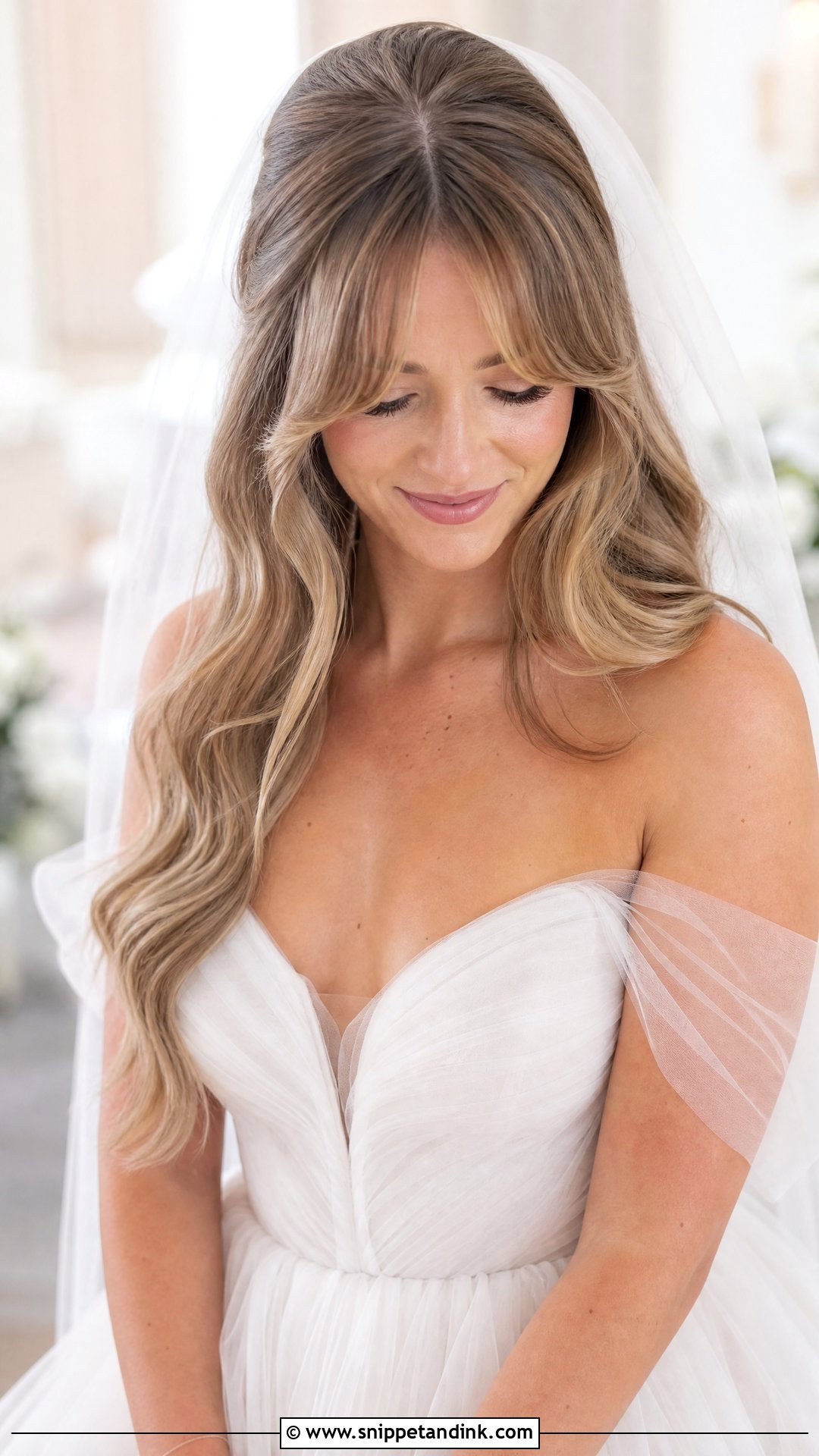 Bridal Long Hair With Bottleneck Bangs - Snippet and Ink - 15 Big Forehead Bridal Hairstyles