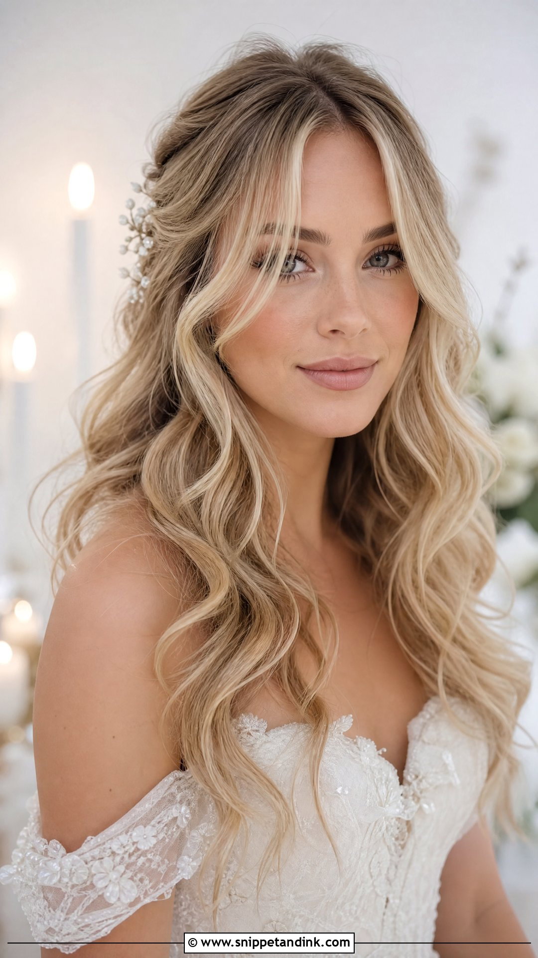 Bridal Loose Waves With Curtain Fringe - Snippet and Ink - 15 Big Forehead Bridal Hairstyles